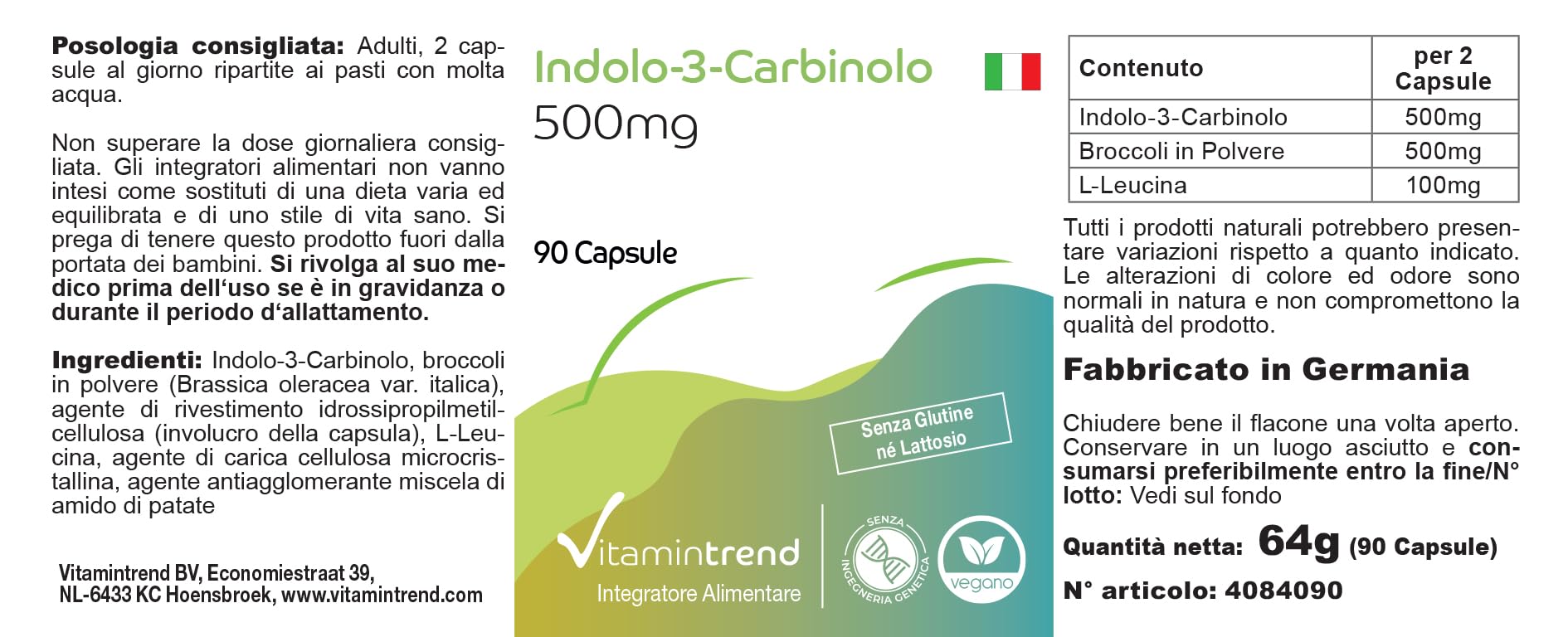 Complément Alimentaire Indol-3-Carbinol 500mg + Poudre De Brocoli - 90 Gélules - Vegan - Allemagne