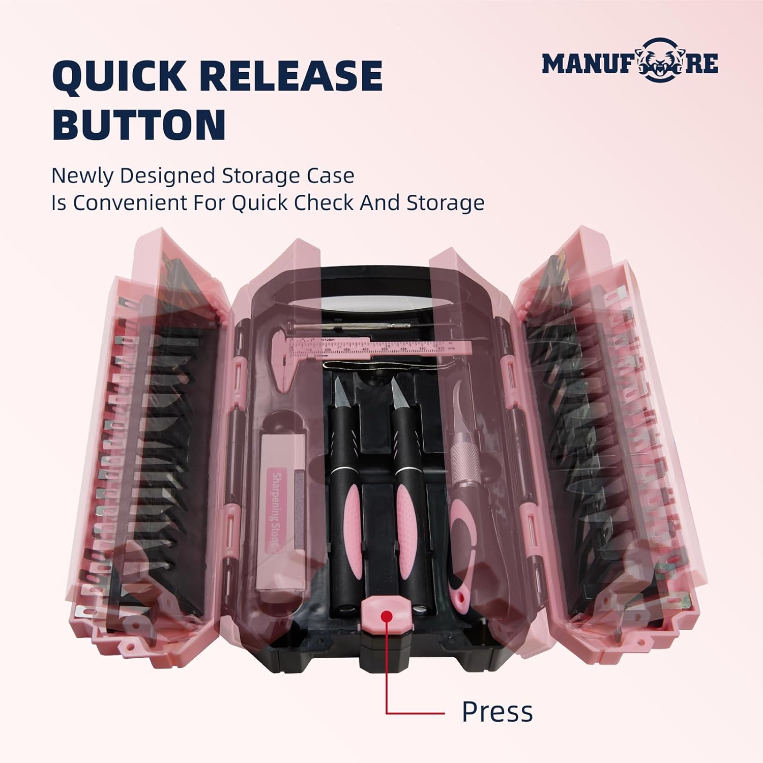 MANUFORE 34pcs Large Exacto Knife Set Pink Deluxe Craft Precision Knife Set Include 3pcs Craft Knives with Anti-Slip Rubber Grip, 25pcs Different Blades, 2pcs Needles, Sharpening Stone, Screwdriver