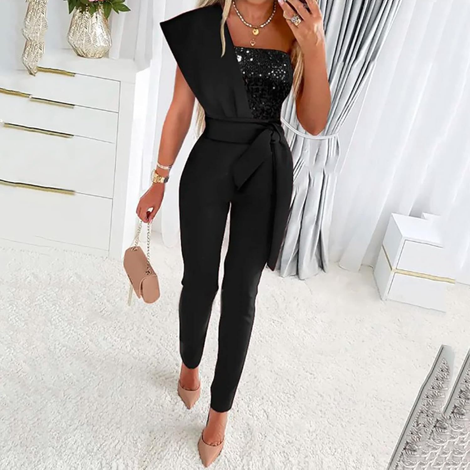 Women One Shoulder Jumpsuits Glitter Sequin Outfits Jamaica Ubuy