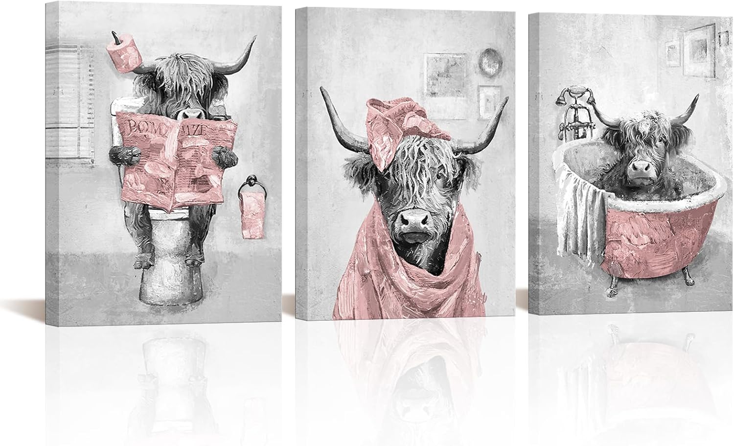 sechars Teal and Grey Bathroom Decor Funny Highland Cow Wall Art Cattle Paintings Apartment Bathroom Hotel Decorations (Teal)
