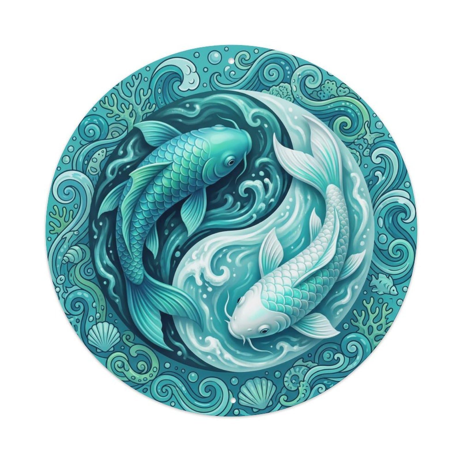 Tai Chi Koi Fish Turquoise Blue Green Metal Tin Sign
