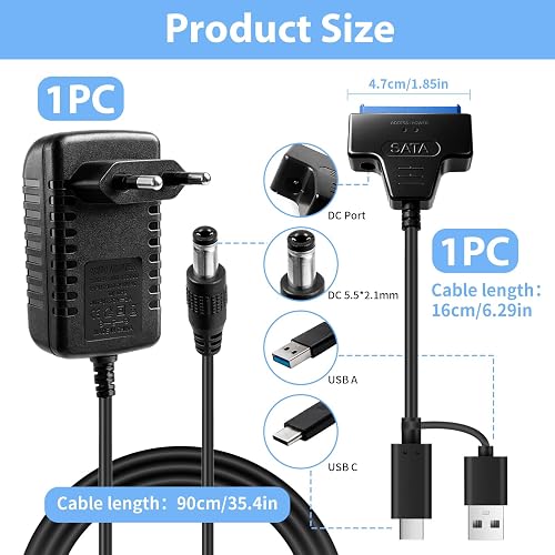 xruc Adaptateur SATA vers USB 3.0 avec Alimentation 12V 2A, Cable SATA to USB Adaptateur pour SSD HDD 2,5"/3.5" Lecteur Disque Dur Externe, Adaptateur Disque Dur Compatible avec Windows Mac OS Linux - 6