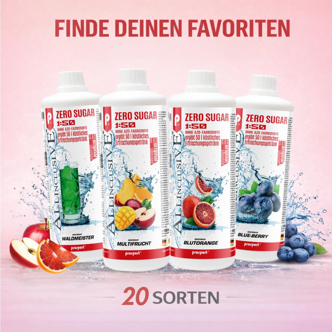 Prosport Allinclusive® Himbeere 1000ml + Dosierpumpe – ZERO SUGAR Sirup mit Vitaminen – Premium Getränkekonzentrat 1:50 – Ohne Zucker, Aspartam & Azofarbstoffe – Perfekt für Wassersprudler
