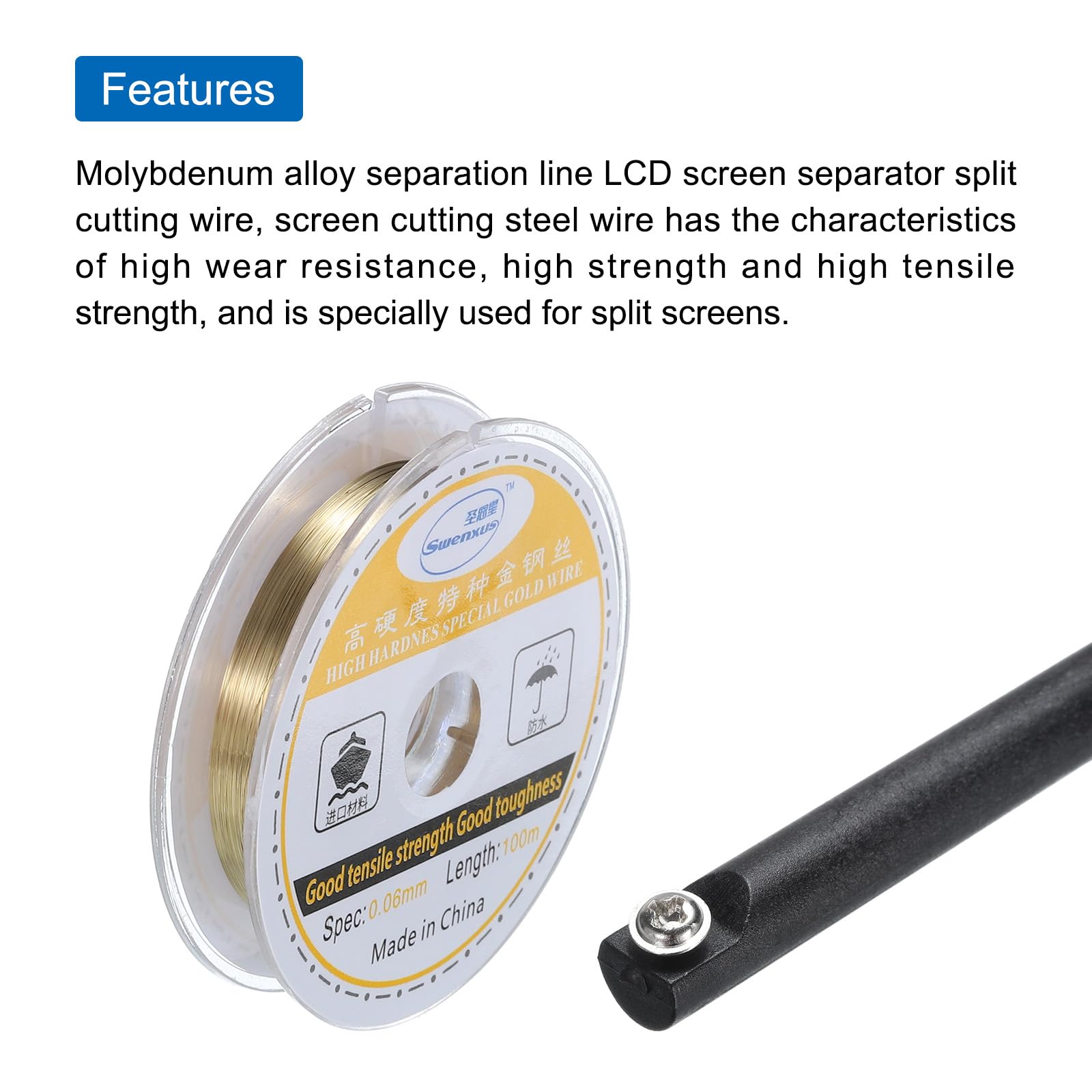QUARKZMAN 100m/328ft Molibdeno Pantalla Corte Cable Línea con Mango Teléfono LCD Herramienta 0,06mm