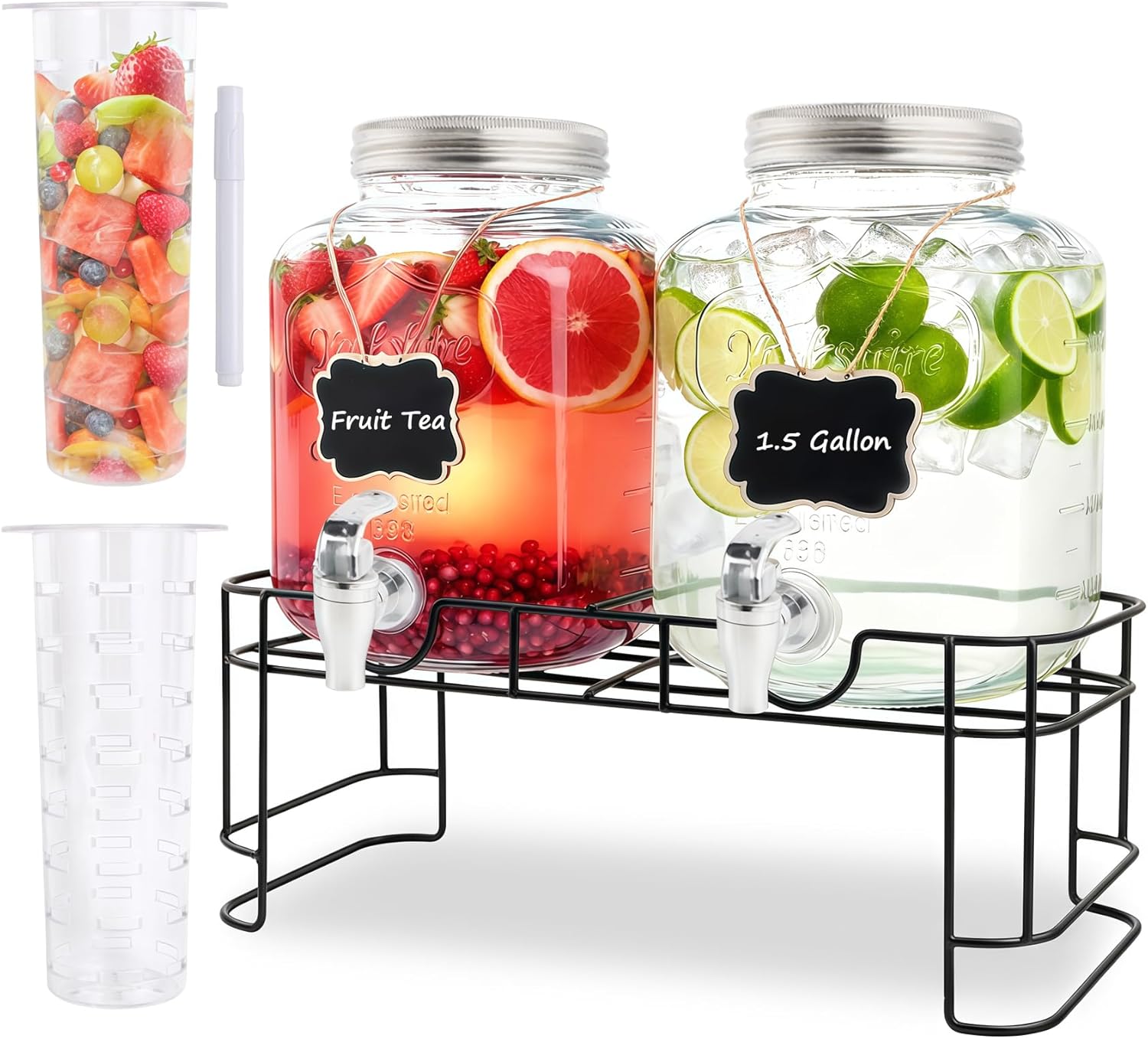1.5 Gallon Glass Drink Dispensers For Parties-Set of 2,Drink Dispenser with Fruit Infuser & Stand,Juice or Beverage Dispenser for BBQ, Picnic, Party,Water Dispenser Laundry Detergent Dispenser