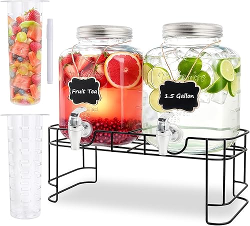 Miniatura 10 de Dispensadores de bebidas de vidrio de 1 galón para fiestas, juego de 2, dispensador de bebidas con infusor y soporte de frutas, dispensador de jugo