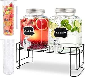 1.5 Gallon Glass Drink Dispensers For Parties-Set of 2,Drink Dispenser with Fruit Infuser & Stand,Juice or Beverage Dispenser for BBQ, Picnic, Party,Water Dispenser Laundry Detergent