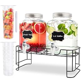 1.5 Gallon Glass Drink Dispensers For Parties-Set of 2,Drink Dispenser with Fruit Infuser & Stand,Juice or Beverage Dispenser for BBQ, Picnic, Party,Water Dispenser Laundry Detergent Dispenser