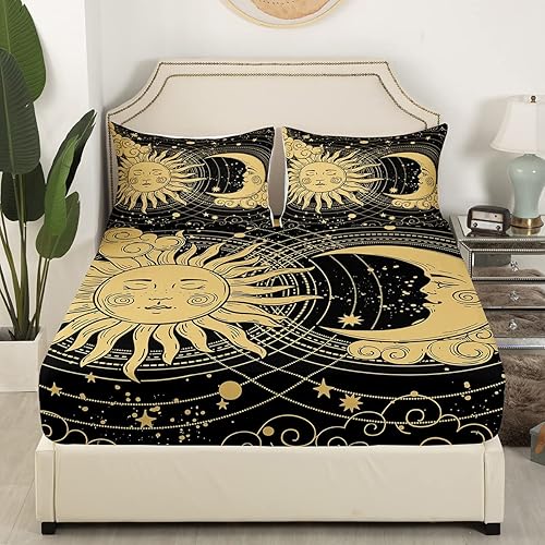 Miniatura 2 de Erosebridal Sábana bajera ajustable de sol y luna, planetas amarillos, estrellas, funda de cama individual de galaxia mística y fisélica, juego de