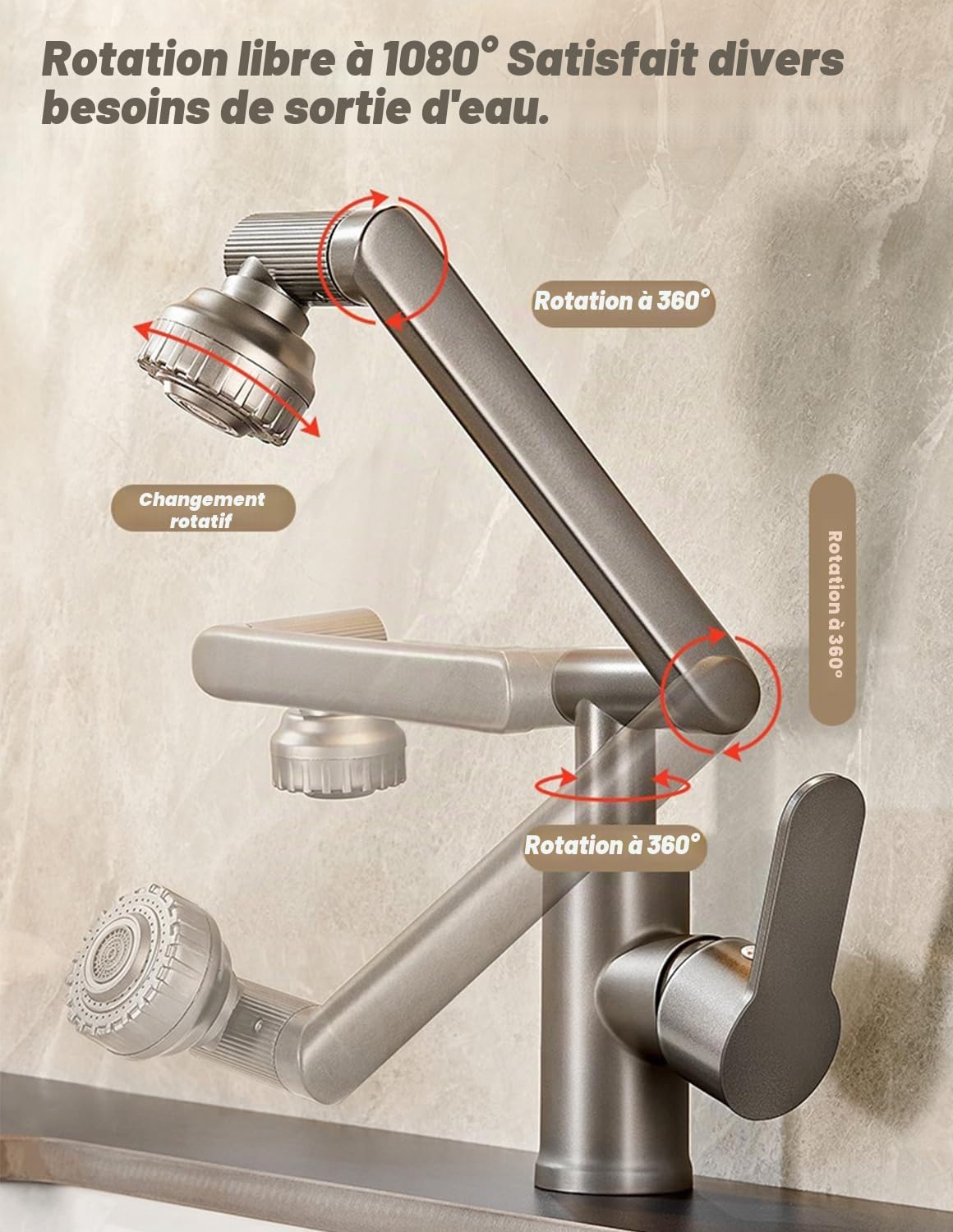 Robinet Cuisine Rabattable, 1080° Flexible Rotation Mitigeur Cuisine,Robinet Evier Sous Fenêtre en Acier Inoxydable, 2 Modes de Pulvérisation