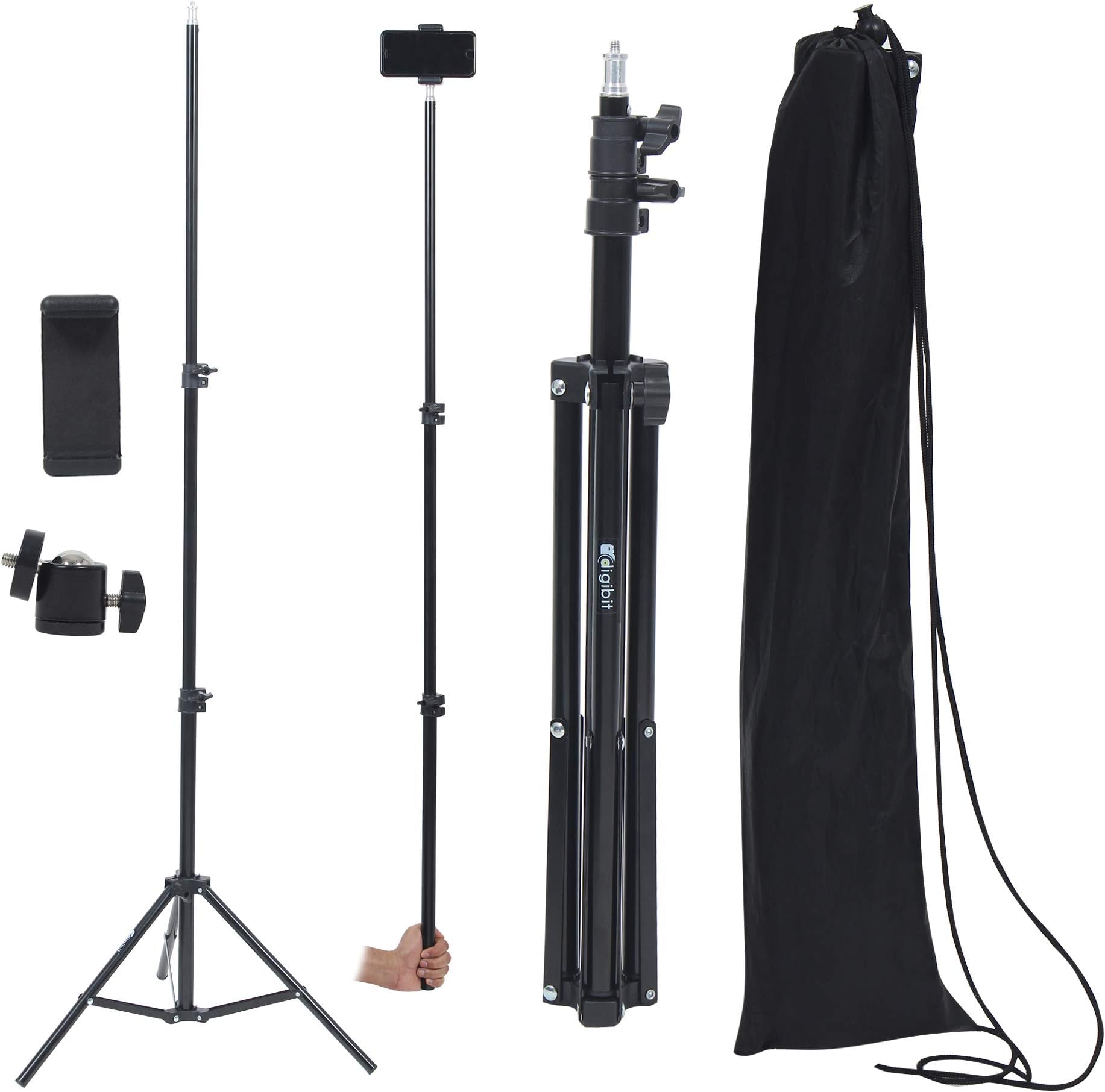 DIGIBIT® Photography Tripod Light Stand for Photo Studio Ring Light Reflector Softbox, LED Light Umbrella Background Video Lighting Aluminium Alloy Stand with Mobile Holder and Connector, 140 cm.