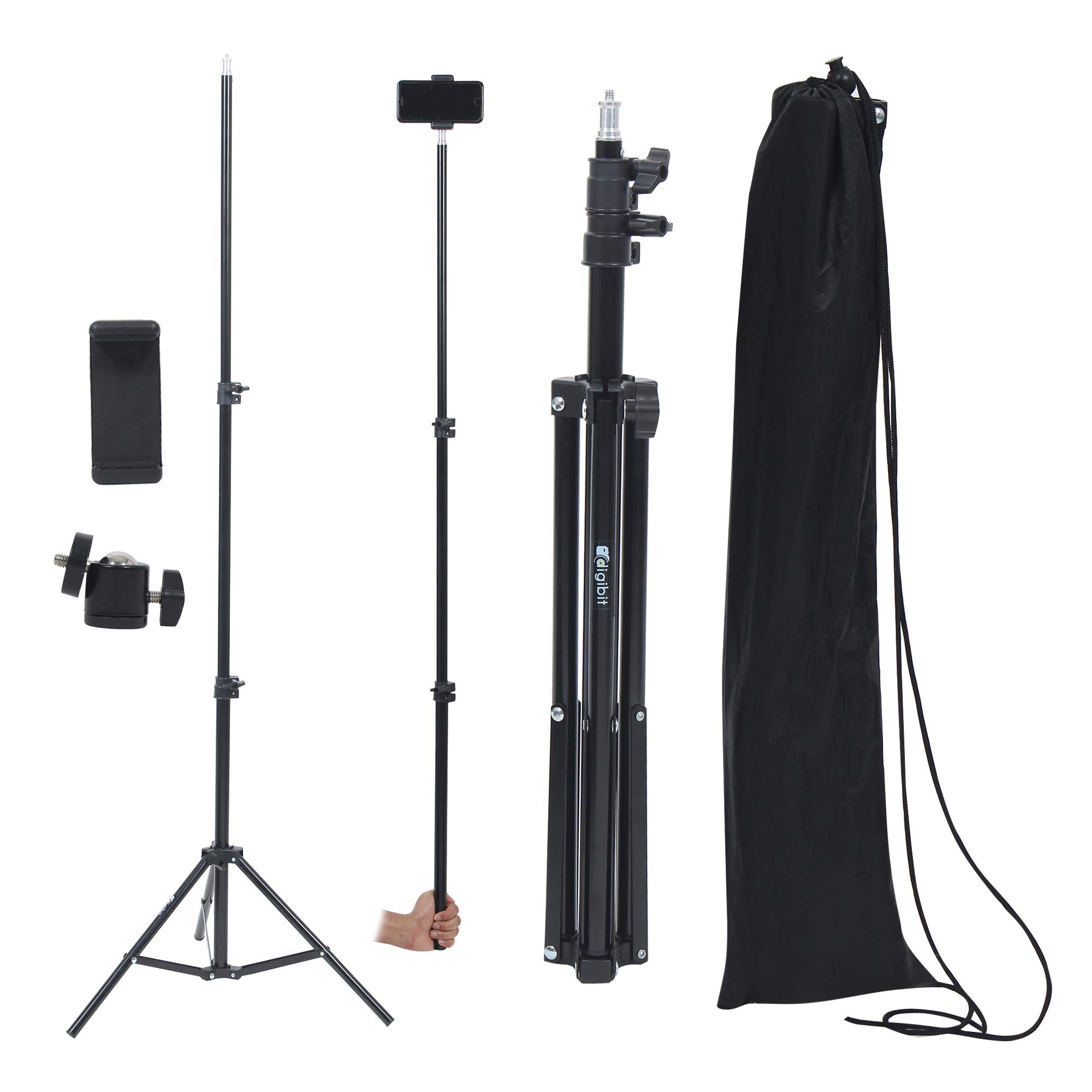 DIGIBIT® Photography Tripod Light Stand for Photo Studio Ring Light Reflector Softbox, LED Light Umbrella Background Video Lighting Aluminium Alloy Stand with Mobile Holder and Connector, 140 cm.
