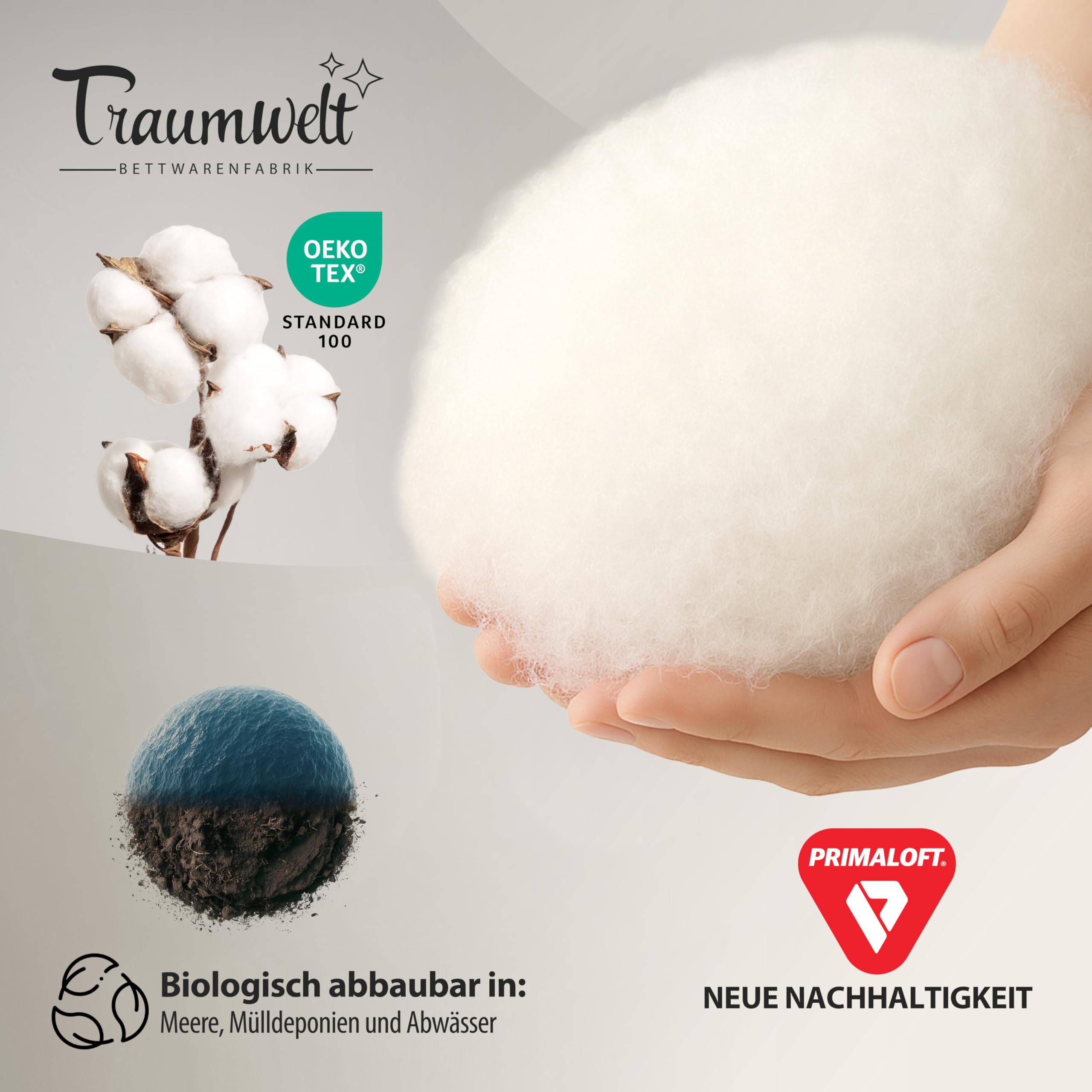Taumwelt Natur Made in Germany Bettdecke 240x220 cm, Daunenalternative mit Primaloft Bio Mikrofasern-Füllung, für alle Jahreszeiten, Füllgewicht: 1220g, weiß, Allergiker geeignet, Öko-Tex 100