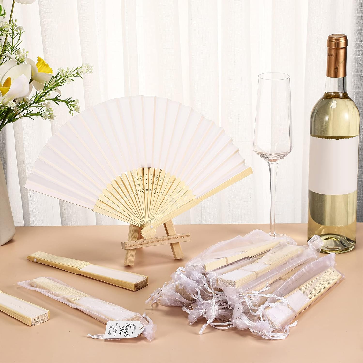 Geetery 24 Sets Wedding Fans for Guests Bamboo Handheld Folding Fan with Thank Cards and Gift Bags for Bridal Shower Dancing Church Home Favors