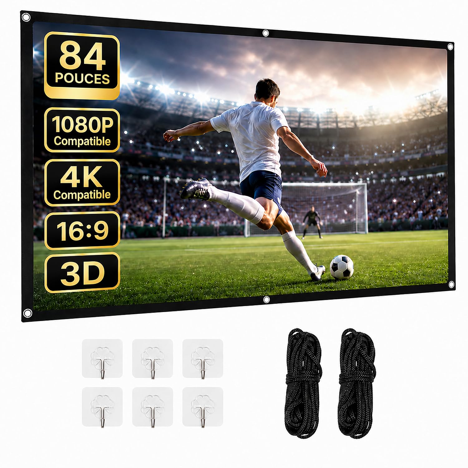 Écran de Projection 84 Pouces 16:9, Pliable Anti-Plis Portable Écran de Vidéoprojecteur pour Home Cinéma Extérieur Intérieur, Supporte la Projection Double Face, 186cm*105cm