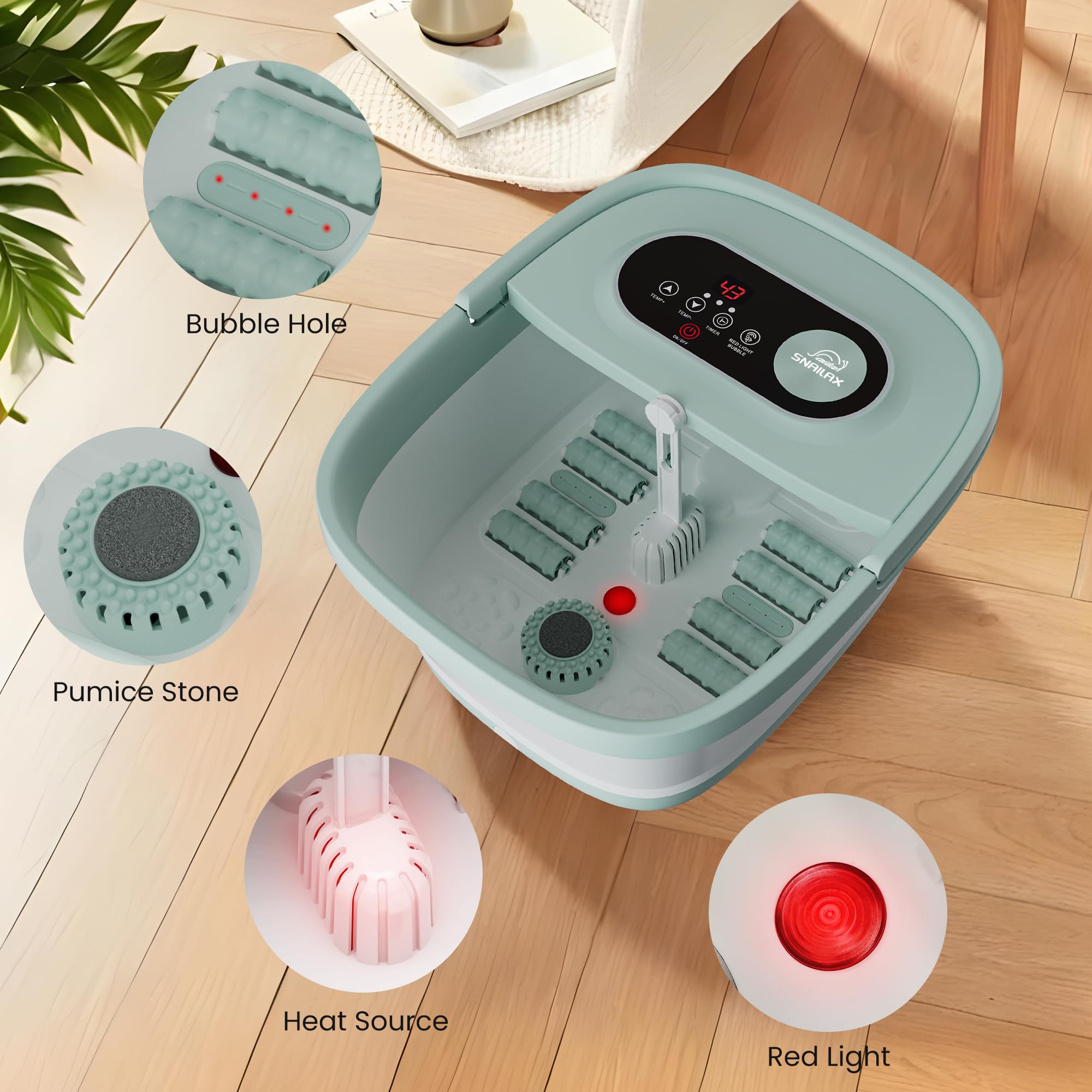 Snailax klappbares Fußbad mit Massage und Heizung, Fußsprudelbad mit 14 Heizstufen | Shiatsu-Rollen | Blasen | Rotlicht | Timer, Fußwanne elektrisch 35℃-48℃, faltbares Fußmassagegerät, Grün