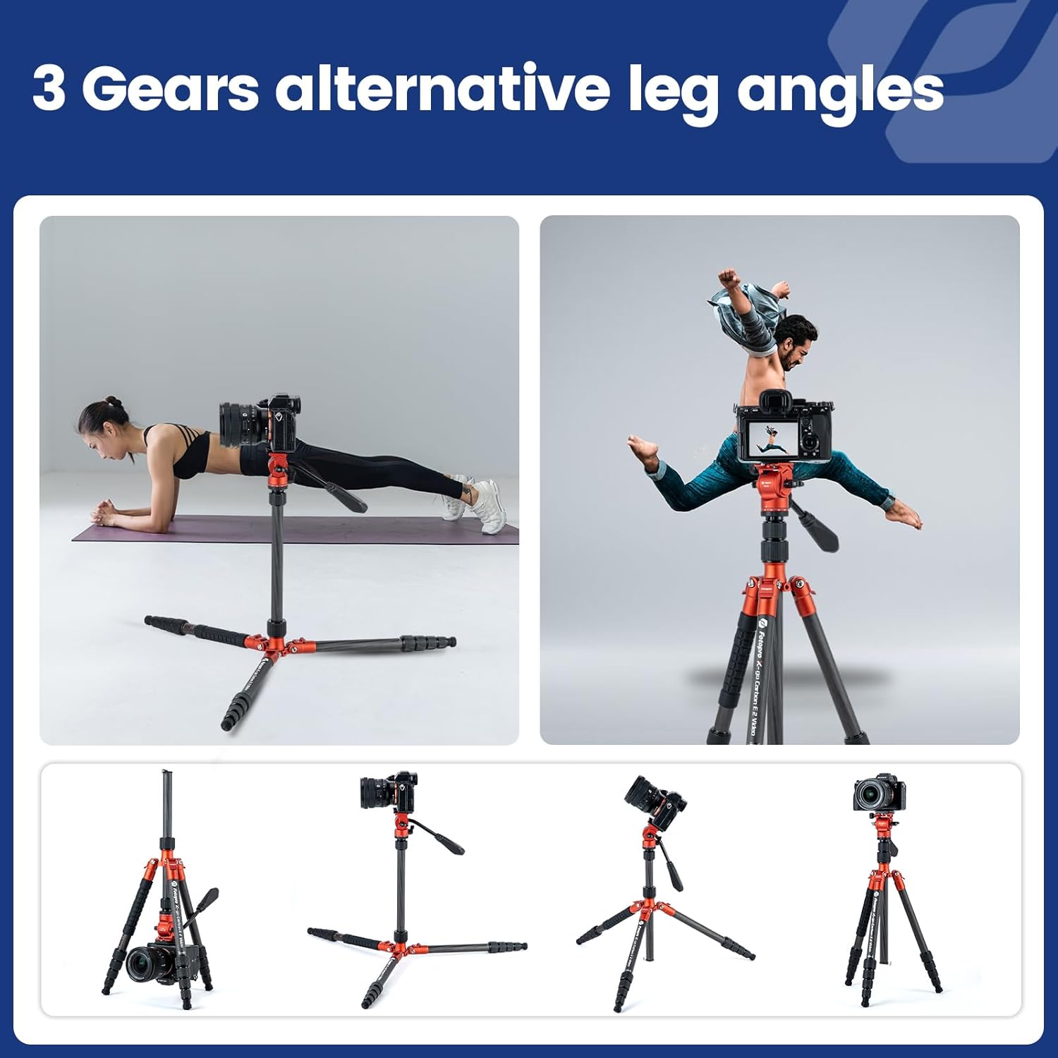 Fotopro 59" Carbon Fiber Travel Tripod, Compact Video Tripods with Fluid Head, Detachable Monopod with Arca-Swiss Quick Release Plate and Bag, Camera Tripod Load up to 8KG/17.63lbs, Orange