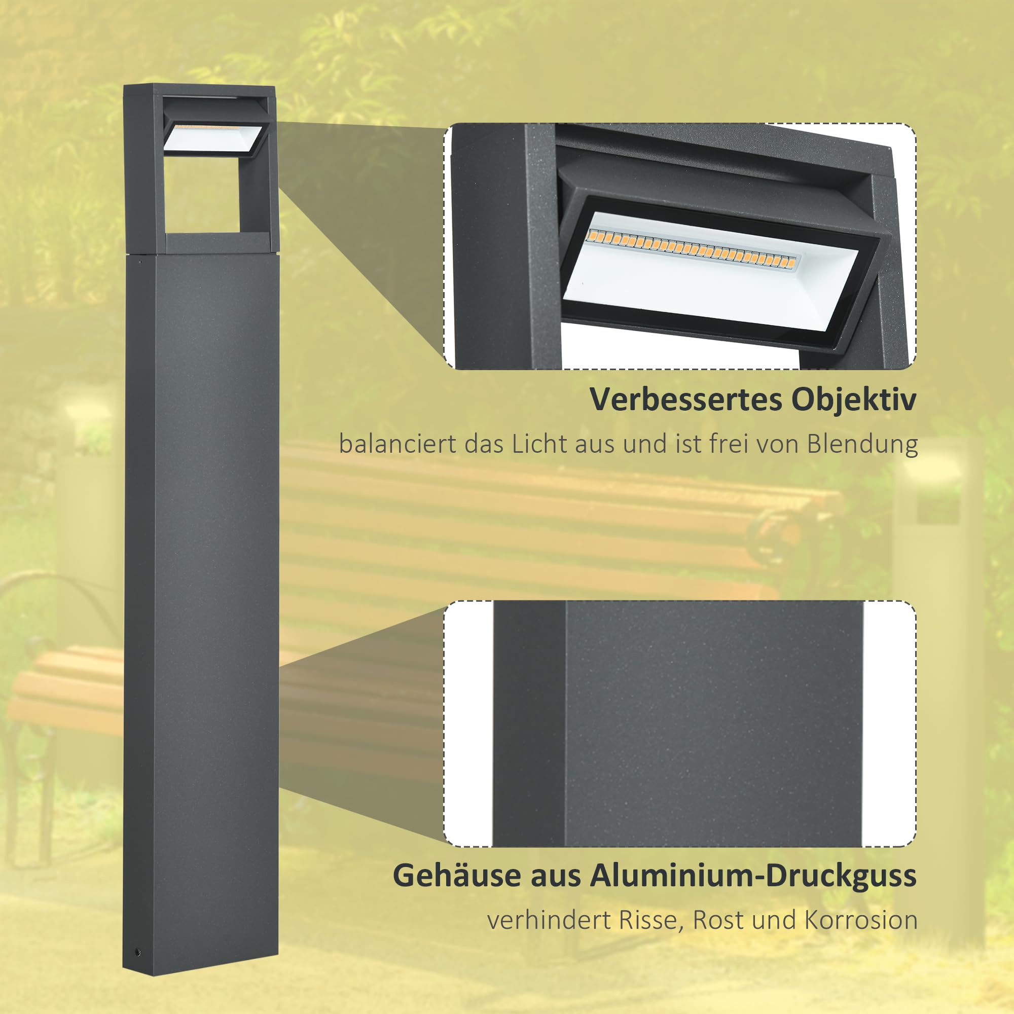 Outsunny Gartenlampe Pollerleuchte 90 cm hoch, LED Gartenleuchte, Wegleuchte mit Warmweißem Licht, Verstellbarem Neigungswinkel, für Außen, IP65 Wasserdicht, Alu, 16 x 5 x 90 cm, Dunkelgrau