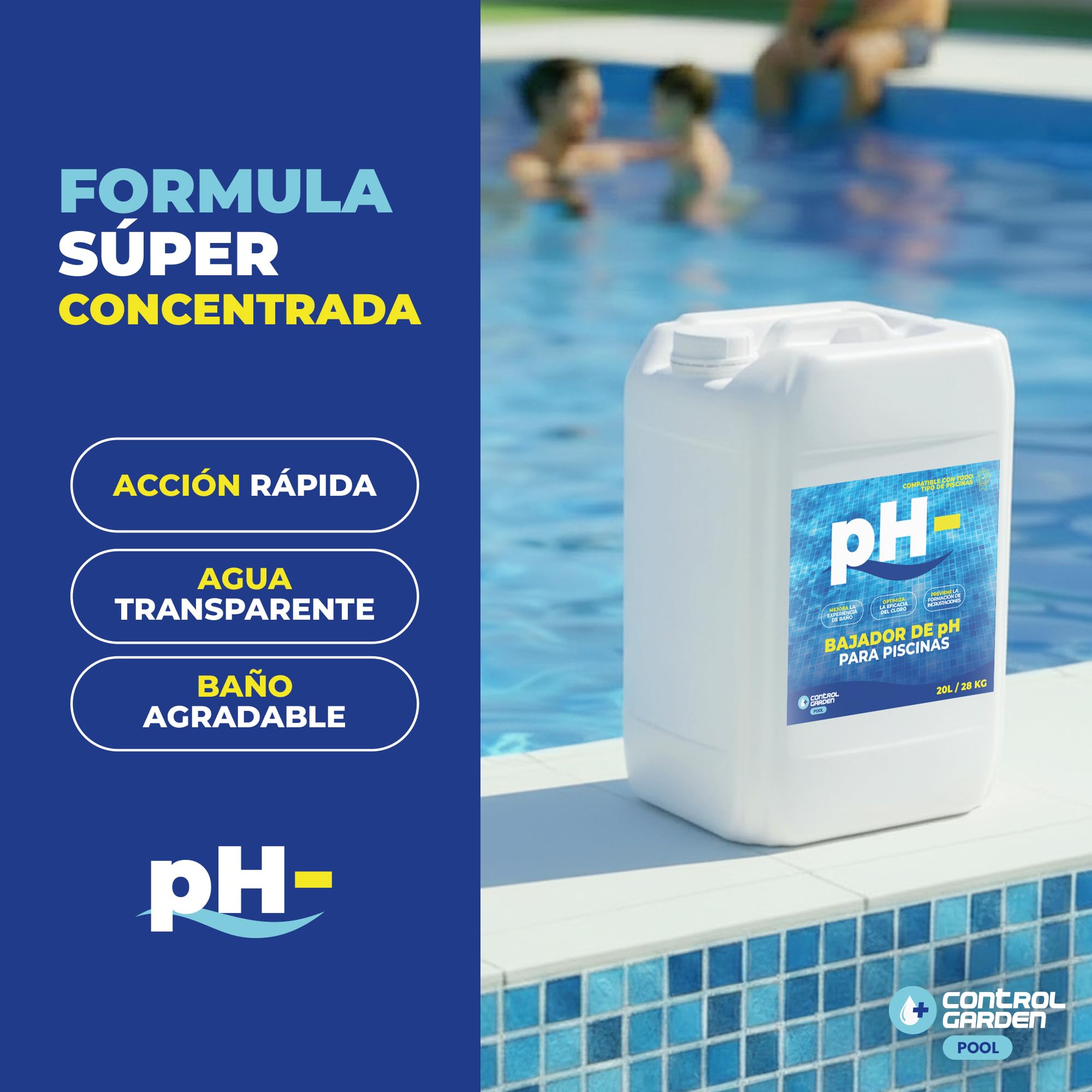 CONTROL GARDEN Bajador PH Piscinas 20 L | Reductor pH- Piscina Interior y Exterior | Minorador Líquido - Súper Concentrado | Pool Regulador de Poliester, Liner y Electrólisis Salina (20 L)