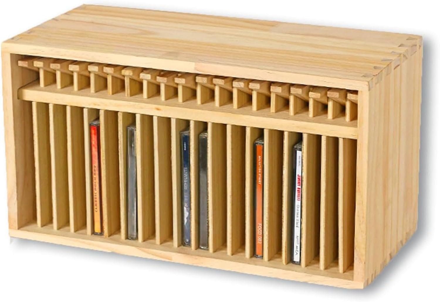 Desktop CD Storage Rack, Wooden DVD Organizer Stand, Vintage Farmhouse Style, with 19 Standard CD Cases, CD Cases 14 X 1.4 X 14.5cm, Fit for Theatre Room