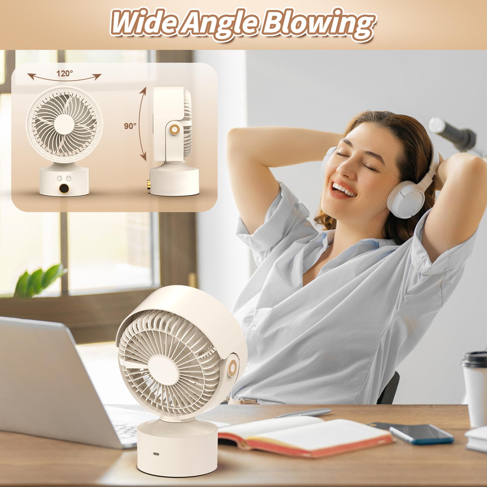 Ventiladores de escritorio para dormitorio, ventilador circulador de aire oscilante de 9 pulgadas, ventilador de mesa de 3 velocidades, inclinación ajustable de 120°, temporizador de 4H 4