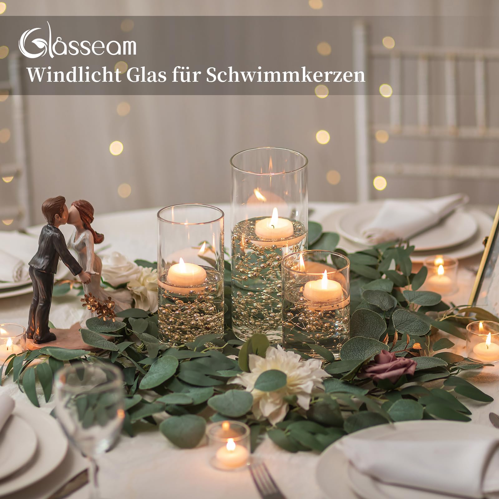 Glasseam Windlicht Glas Kerzengläser Groß: 3er Set Verdickte Kerzenglas | 3 Verschiedene Größen, 3mm Dick, Modern Vase, Windlicht Outdoor, Tischdeko Hochzeit Deko Wohnzimmer
