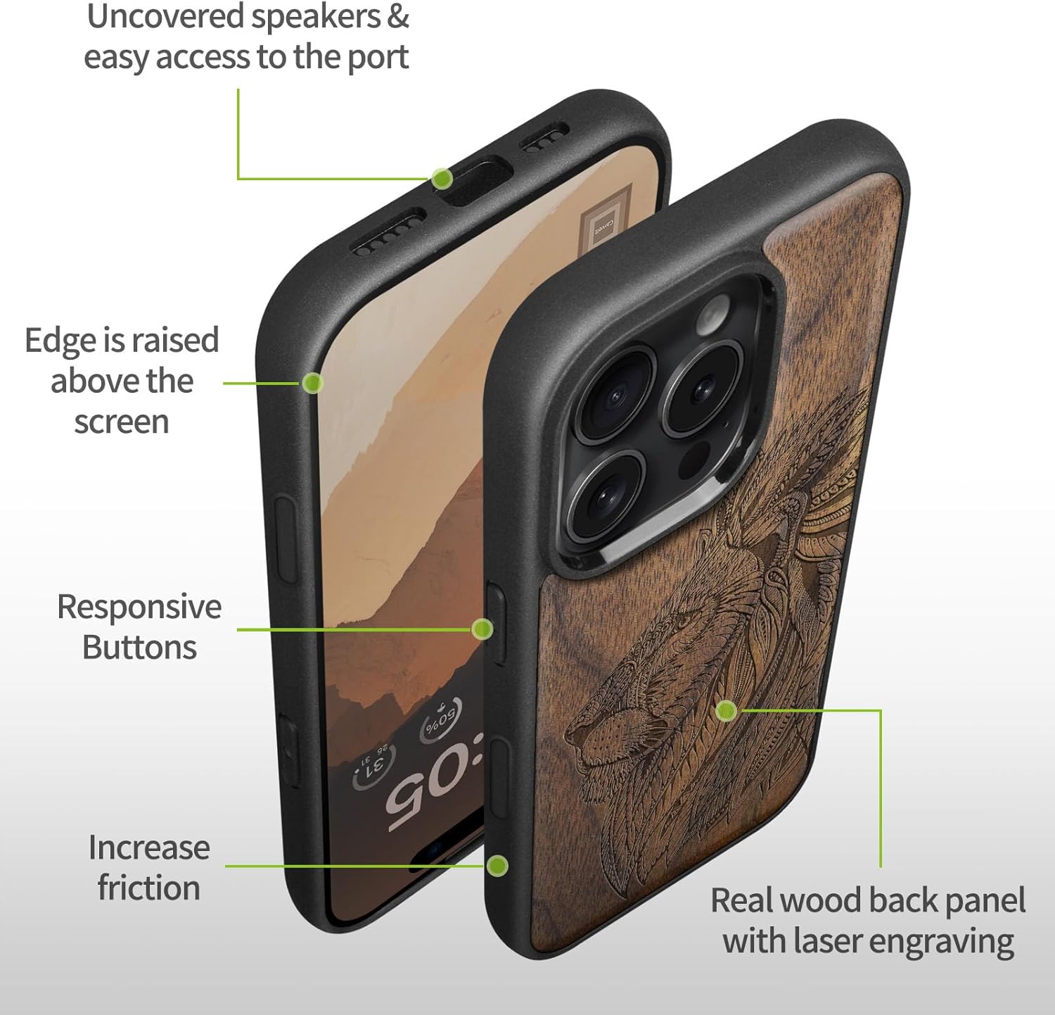 Carveit Magnetic Wooden Case for iPhone 16 Pro Max Case, Wood Artisan Engraved & Black Soft TPU Shockproof Cover, Compatible with MagSafe Wireless Chargers, (Ornate Lion's Head) Walnut