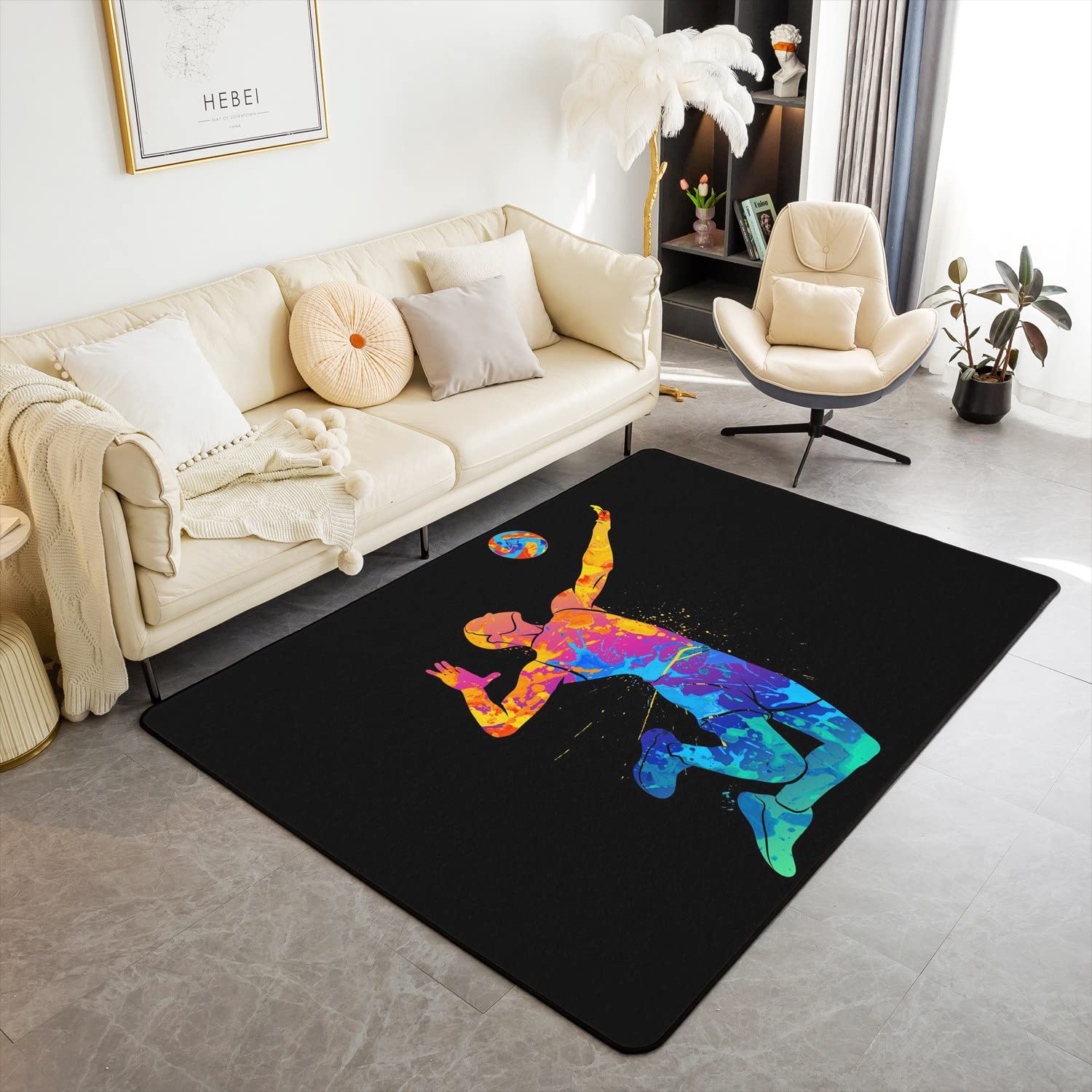 Volleyball Spieler Teppich 100x150,Sport Spiel Aquarell Dekor Bereich Teppich, Sportsman Kunst Graffiti Nicht Verschütten Teppich für Schlafzimmer Spielzimmer Wohnzimmer