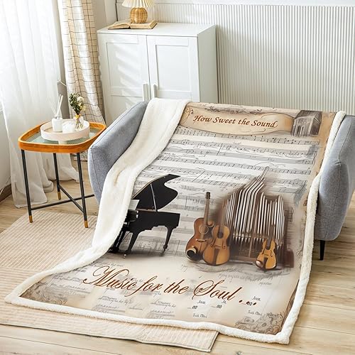 Miniatura 14 de Manta de violonchelo de piano, manta temática musical para niños, niñas, niños y adultos, decoración de habitación de estilo retro, manta de vellón
