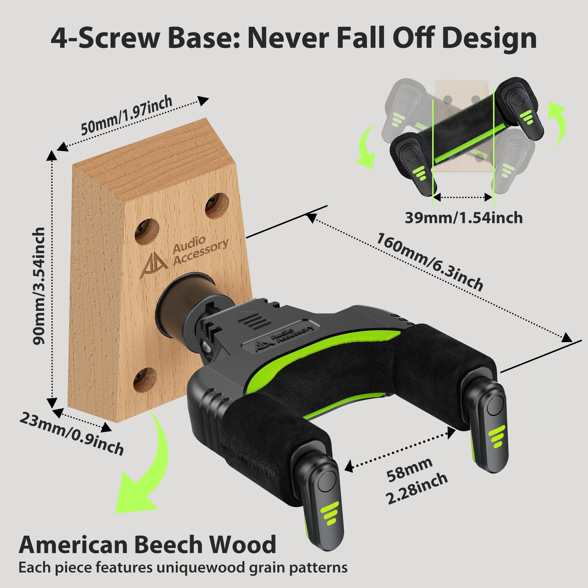 AA AUDIO ACCESSORY Soporte guitarra pared 2 Piezas con cierre automático, gancho de terciopelo apto para nitro, base madera 4 tornillos, carga 9kg, para bajo, guitarra acústica, clásica y eléctrica