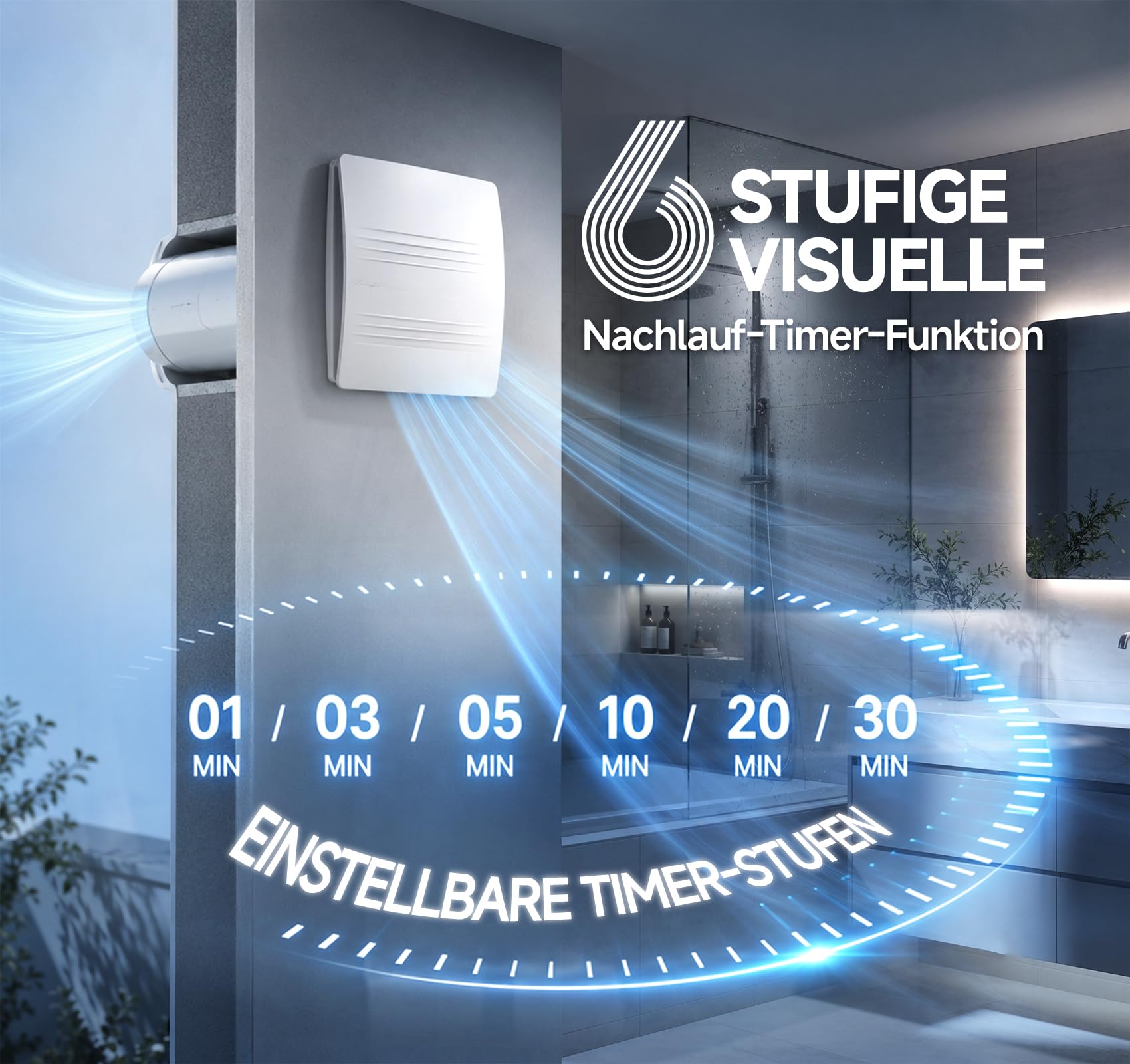 MOCINE Badlüfter 100 mm, Badezimmer Abluftventilator mit Nachlaufsteuerung | 6-stufig einstellbare Laufzeit mit integriertem Display, leiser WC Lüfter gegen Feuchtigkeit und Gerüche, B05