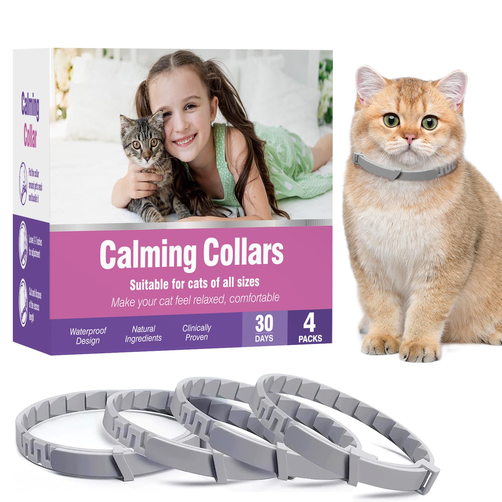 Tcllka Cat Calming Pheromone Collar 4 Pack – Adjustable Breakaway Cat Collar for Calming Support & Relaxation Waterproof 30-Day Continuous Wear for Travel, Grooming & Multi-Cat Homes