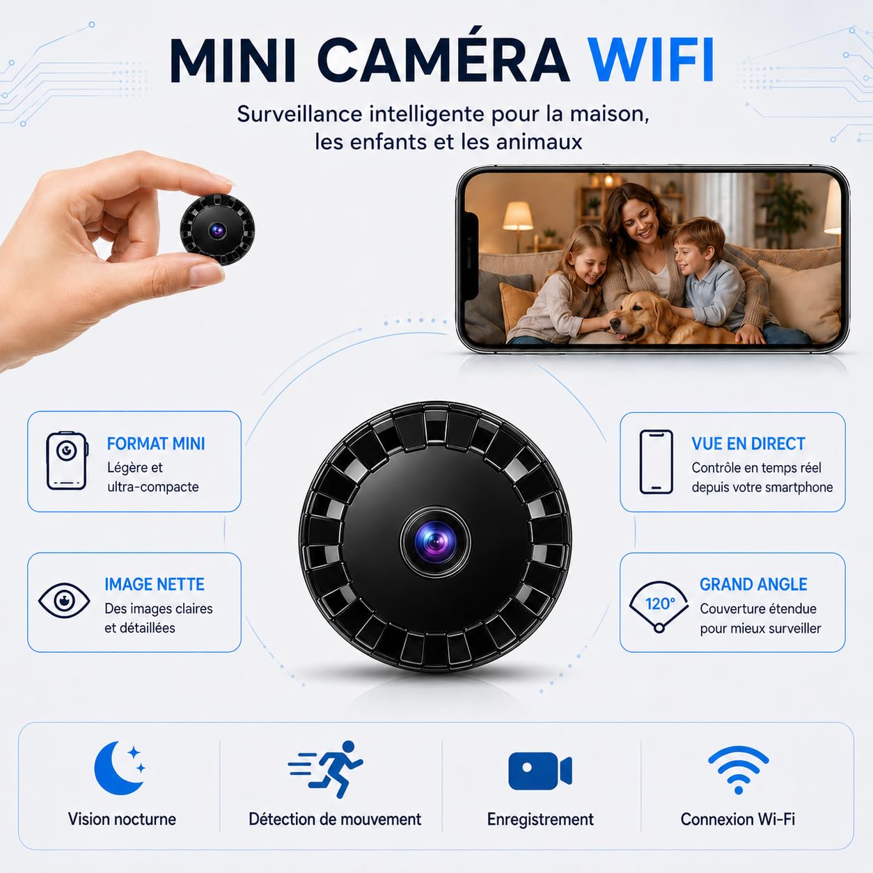 2026 Surveillance Mini Caméra Espion sans Fil , Caméra de sécurité WiFi HD 1080P avec Vision Nocturne intérieur/extérieur pour bébé, Animal de Compagnie, Compatible Smartphone (Black, Mini 4 pièce)