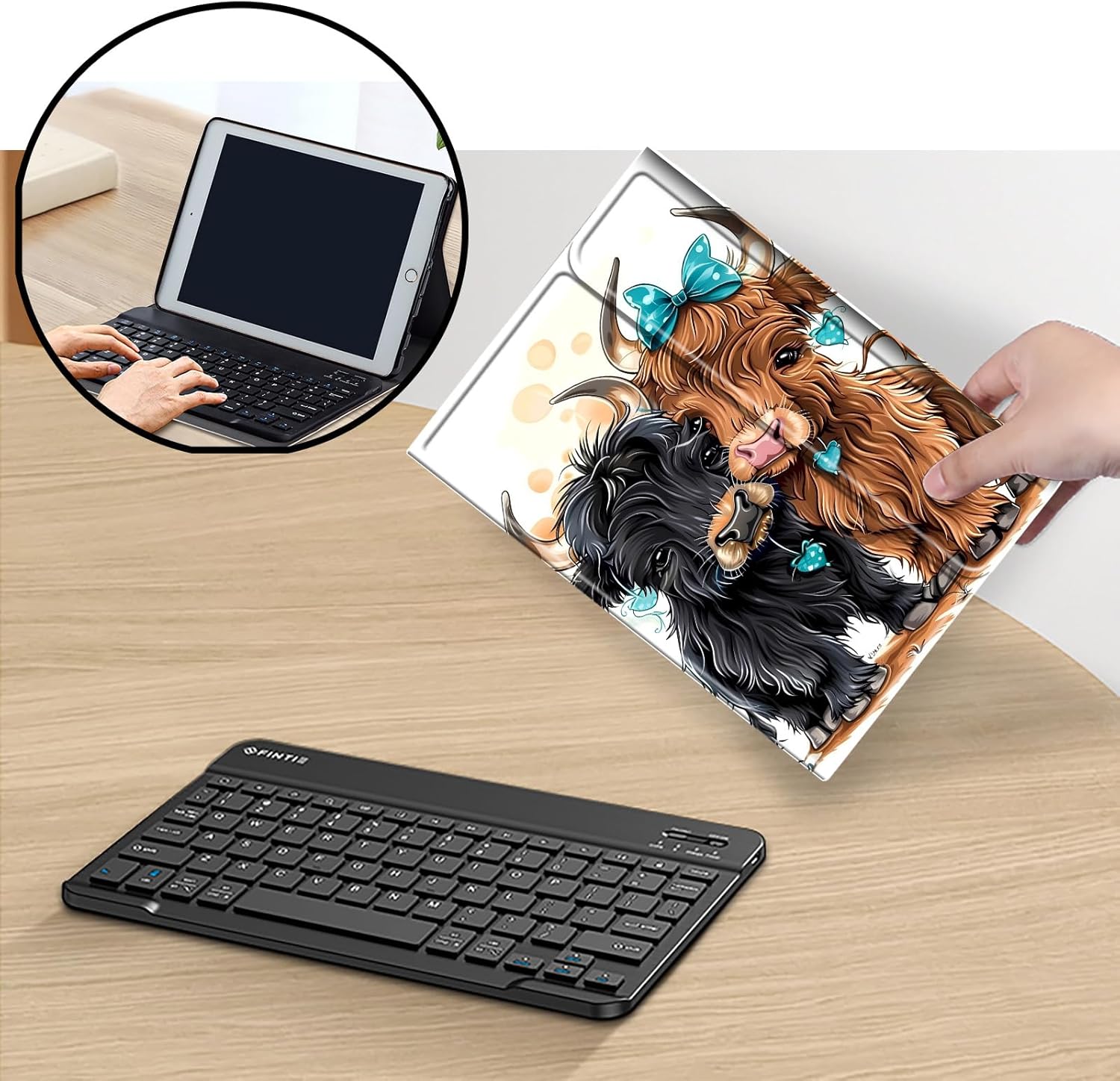 Keyboard Case for Amazon Fire Max 11 (13th Generation, 2023 Release), Detachable Wireless Bluetooth Keyboard and Auto Sleep/Wake Fire Max 11 Tablet Case with Keyboard, Cute Highland Cows