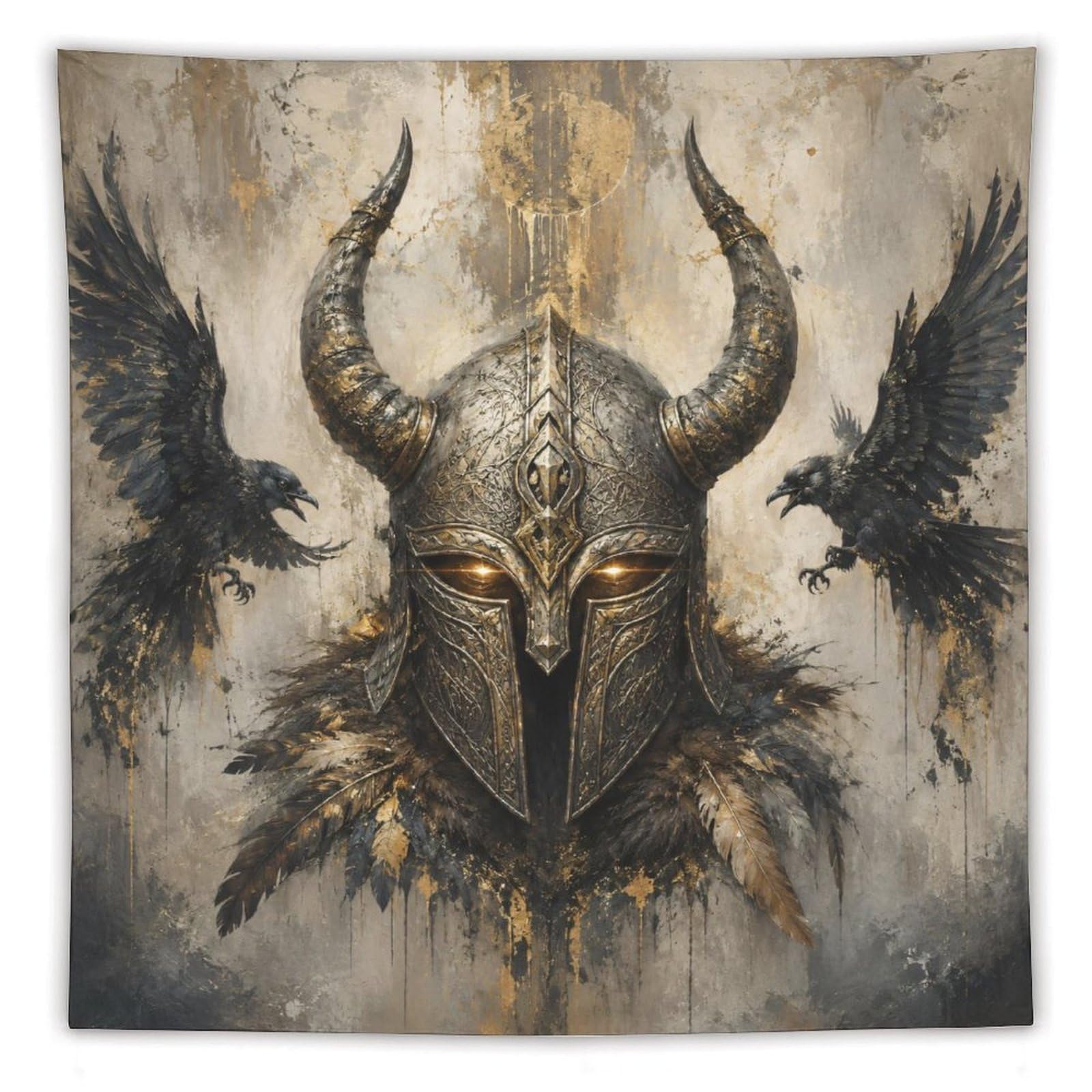 W7C8U2X3 Viking Helmet Black Ravens Wall Tapestry, Ancient Saga Mood