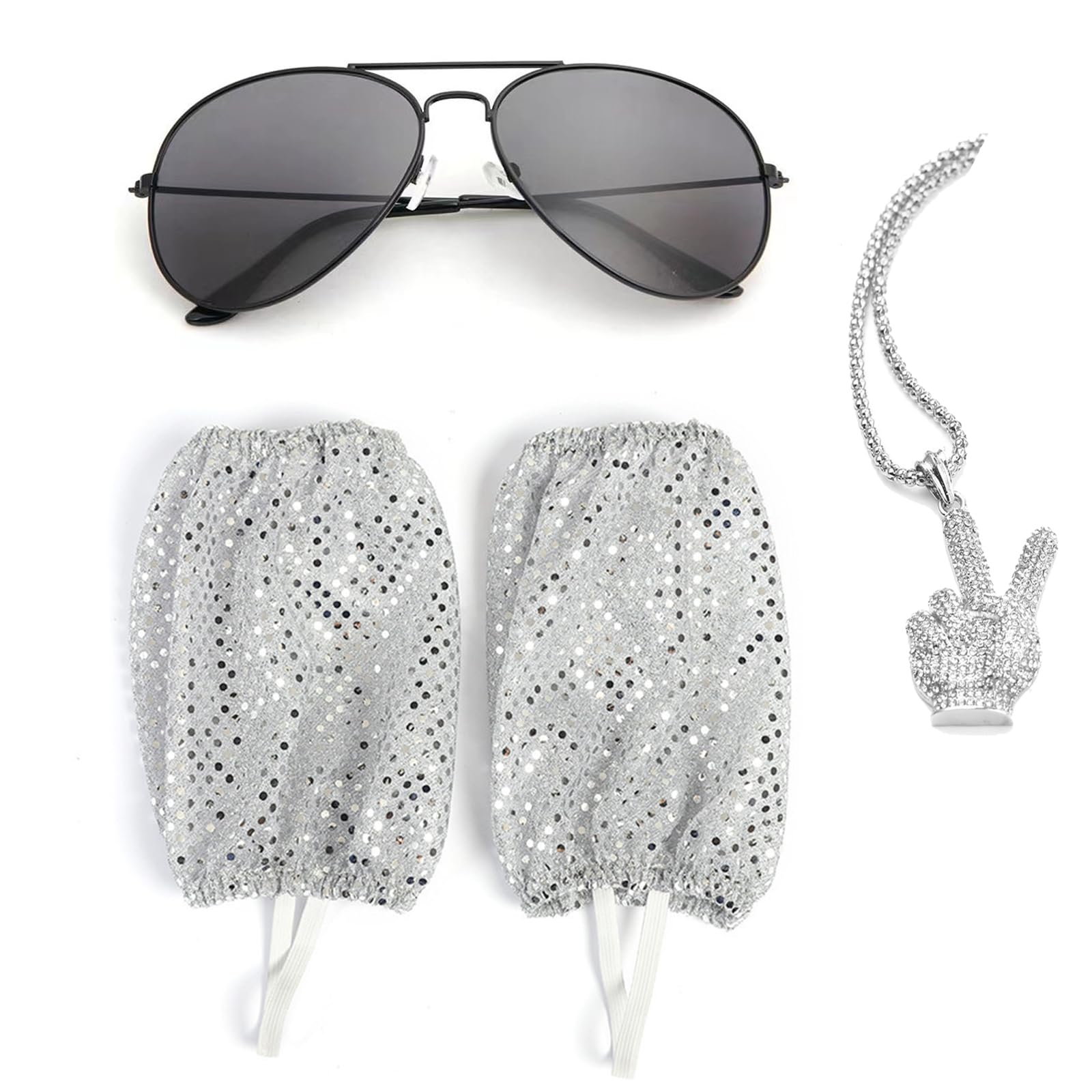 Bomjjor Unisex Silver 3Pack Michael Ankle Socks Necklace Sunglasses For Billie Jean Show Jackson Mj Fans Socks Tubes Gift Necklace Set (Silver 3Pack)