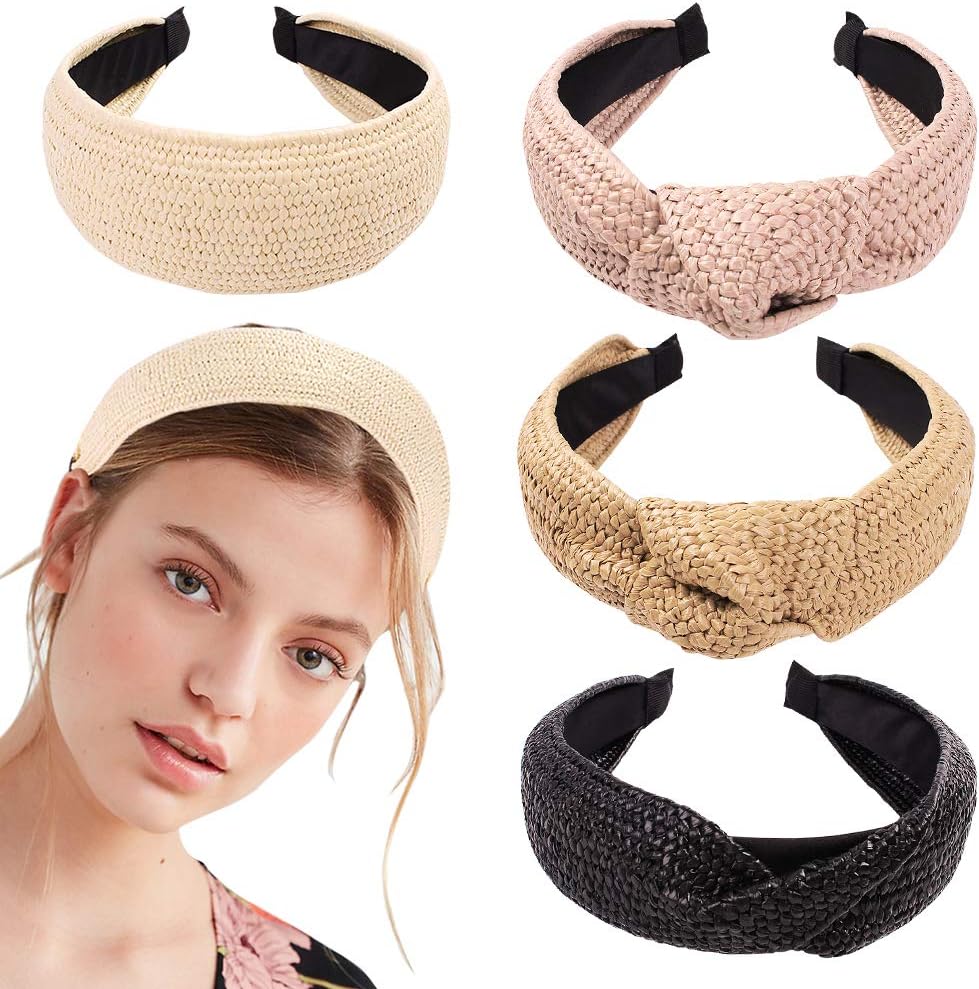 Women Hair Head Bands Headbands - Straw Knotted Beach Lafite Head Band for Women’s Hair Turban Wide Thick Twist Hairbands For Girls Washing Face Makeup and Beach Holiday