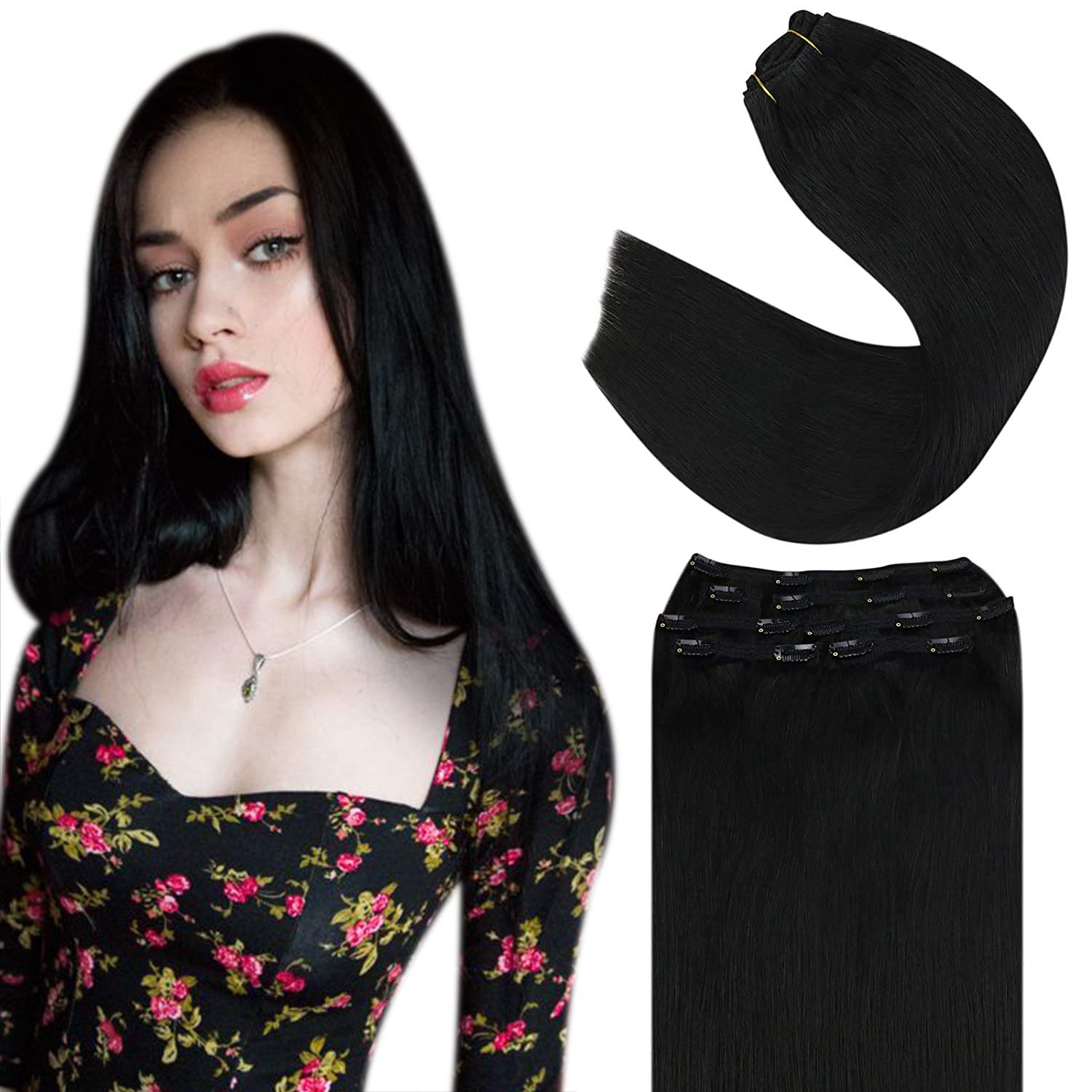 YoungSee (30cm , 1) - 30cm Clip in Hair Extensions Natural Black Short Human Hair Clip in Extensions Straight Black Clip in Extensions Real Hair 70g 7pcs