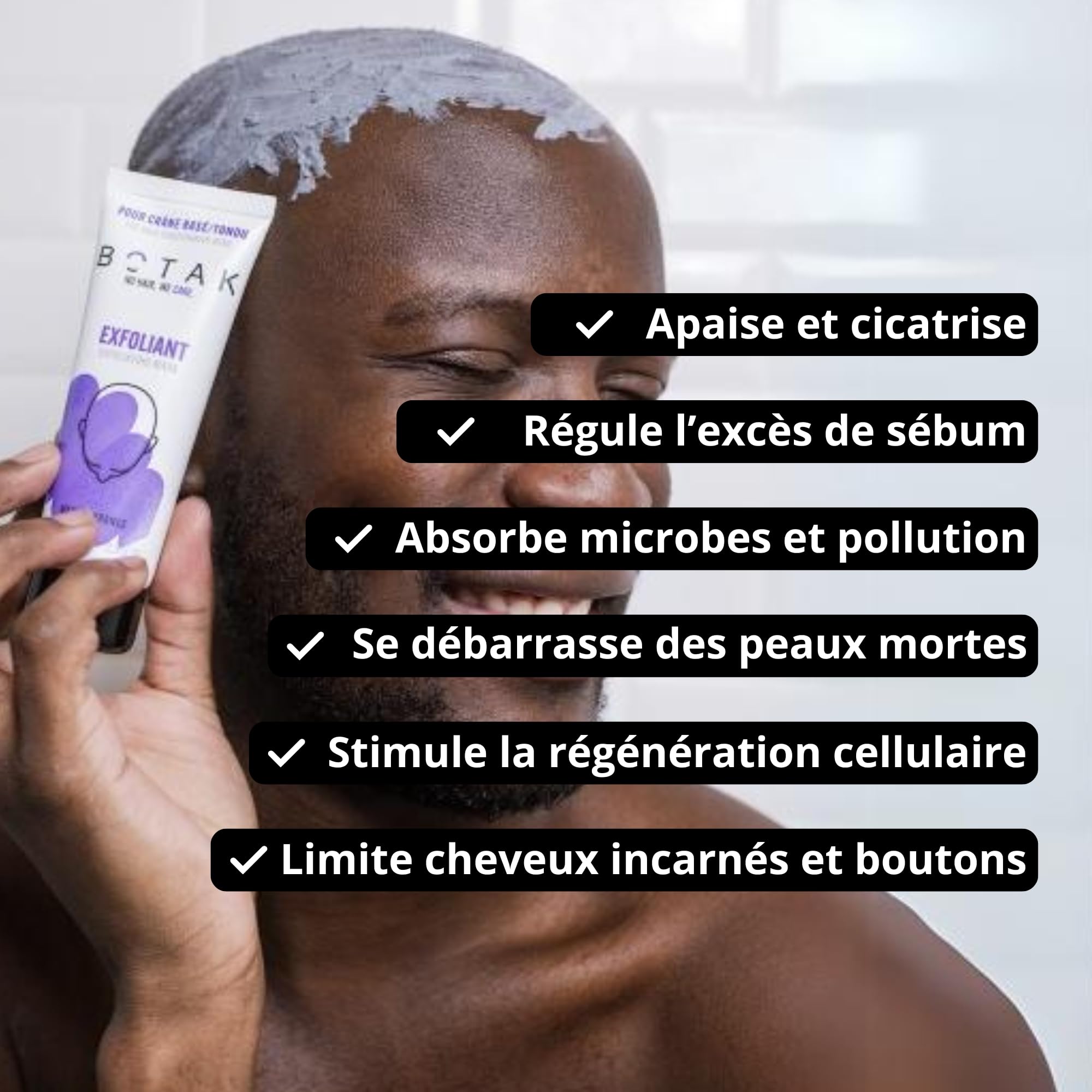 Masque Exfoliant Doux et Purifiant BOTAK Crâne Rasé et Chauve, Français | 99% d’origine naturelle, Vegan, Absorbe l’excès de sébum, limite boutons et poils incarnés, Régulateur de pH et microbiote