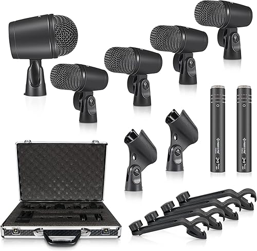 Phenyx Pro Kit de micrófono de batería, juego de micrófono dinámico con cable de metal completo de 7 piezas para platillos bajostomtrampaHi-hat, con