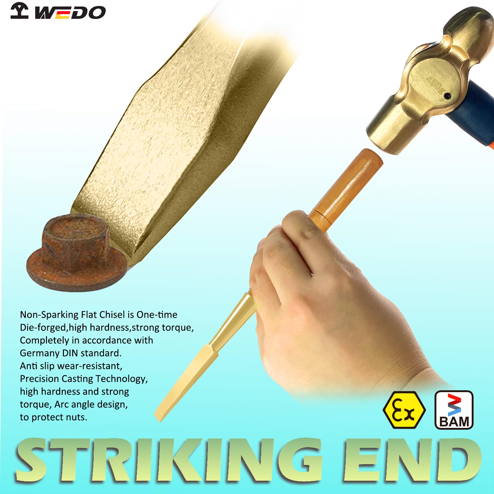 WEDO Ciseau à froid non étincelant de 27,9 cm, burin utilitaire en bois plat, lame de 1,6 cm de large, outil de sécurité sans étincelles, qualité industrielle, longueur 280 mm, aluminium bronze, norme
