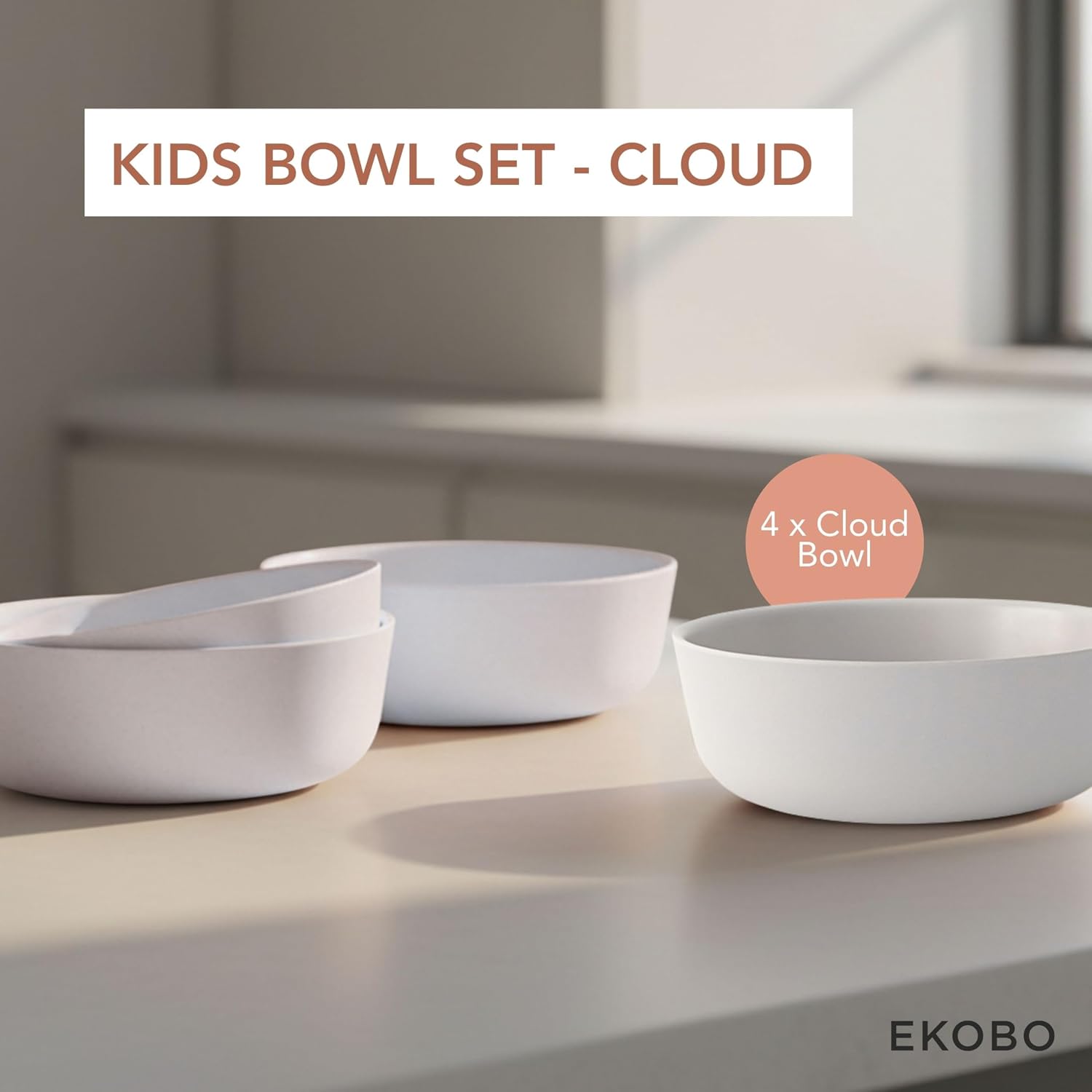 EKOBO Bamboo Kids Bowls Set of 4, 20 oz Reusable Toddler Bowls, Eco‑Composite, BPA‑Free, Dishwasher Safe, Stackable Cereal bowls for kids and Toddler Meals Indoors & Outdoors (Cloud)
