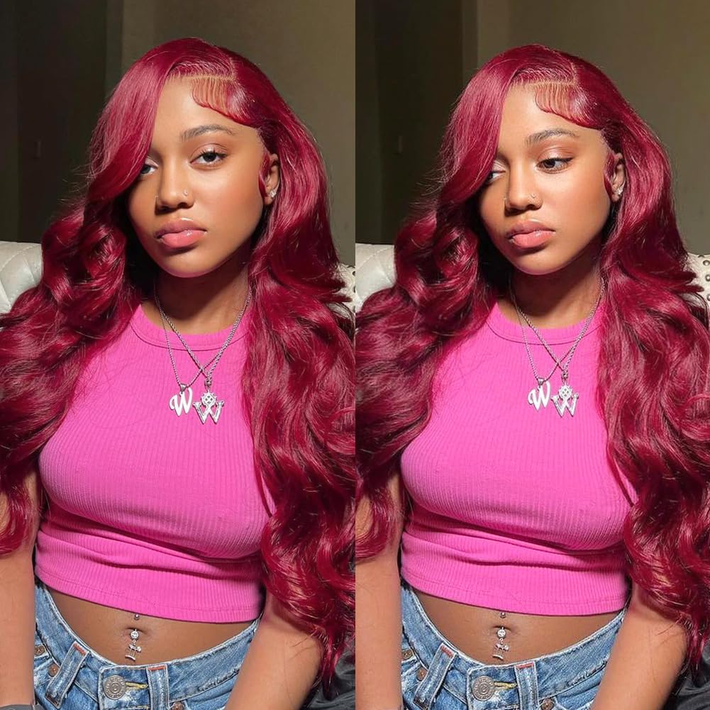 Midulla 99J Burgundy Lace Front Wigs Human Hair 24 Inch 13x4 HD Wine Red Colored Body Wave Wig for Women 200% Density Transparent Glueless Wine Red Wigs Human Hair Pre Plucked with Baby Hair