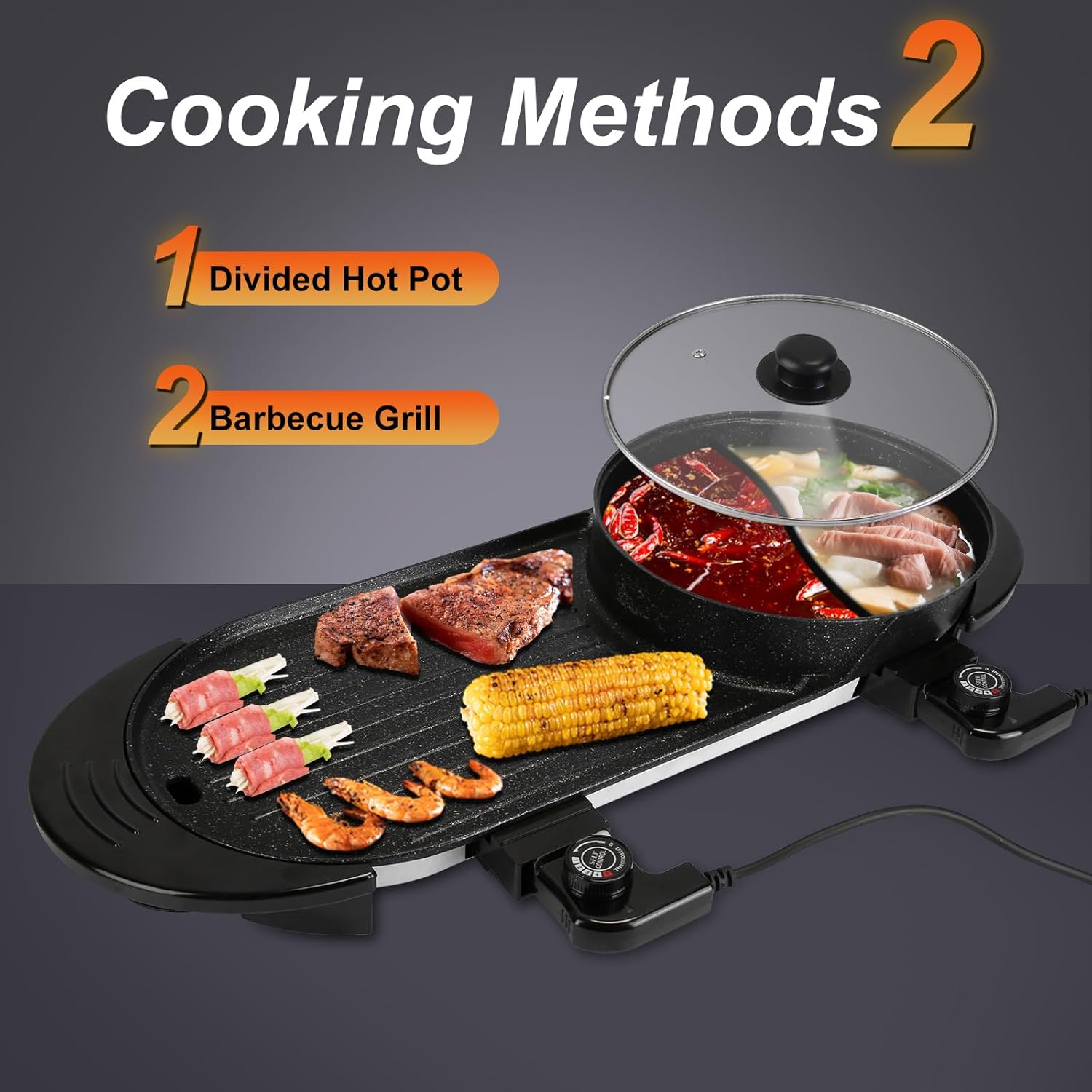 Electric Hot Pot with Grill,2 in 1 Shabu-shabu Hotpot Korean BBQ Grill for Indoor,2200W Smokeless Non-Stick Baking Tray,Separate Temperature Control,5 Gears Firepower Electric Grill for 2-10 People