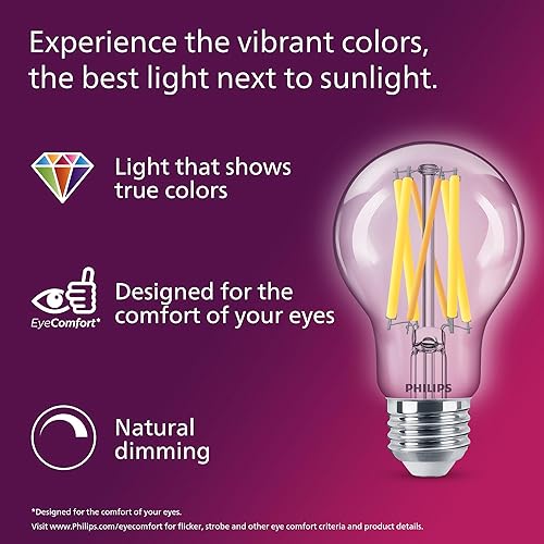 Miniatura 12 de Philips LED - Foco A19 regulable transparente sin parpadeo. Tecnología EyeComfort, 800 lúmenes, luz diurna (5,000 K), 8 W=60 W, base E26, blanco