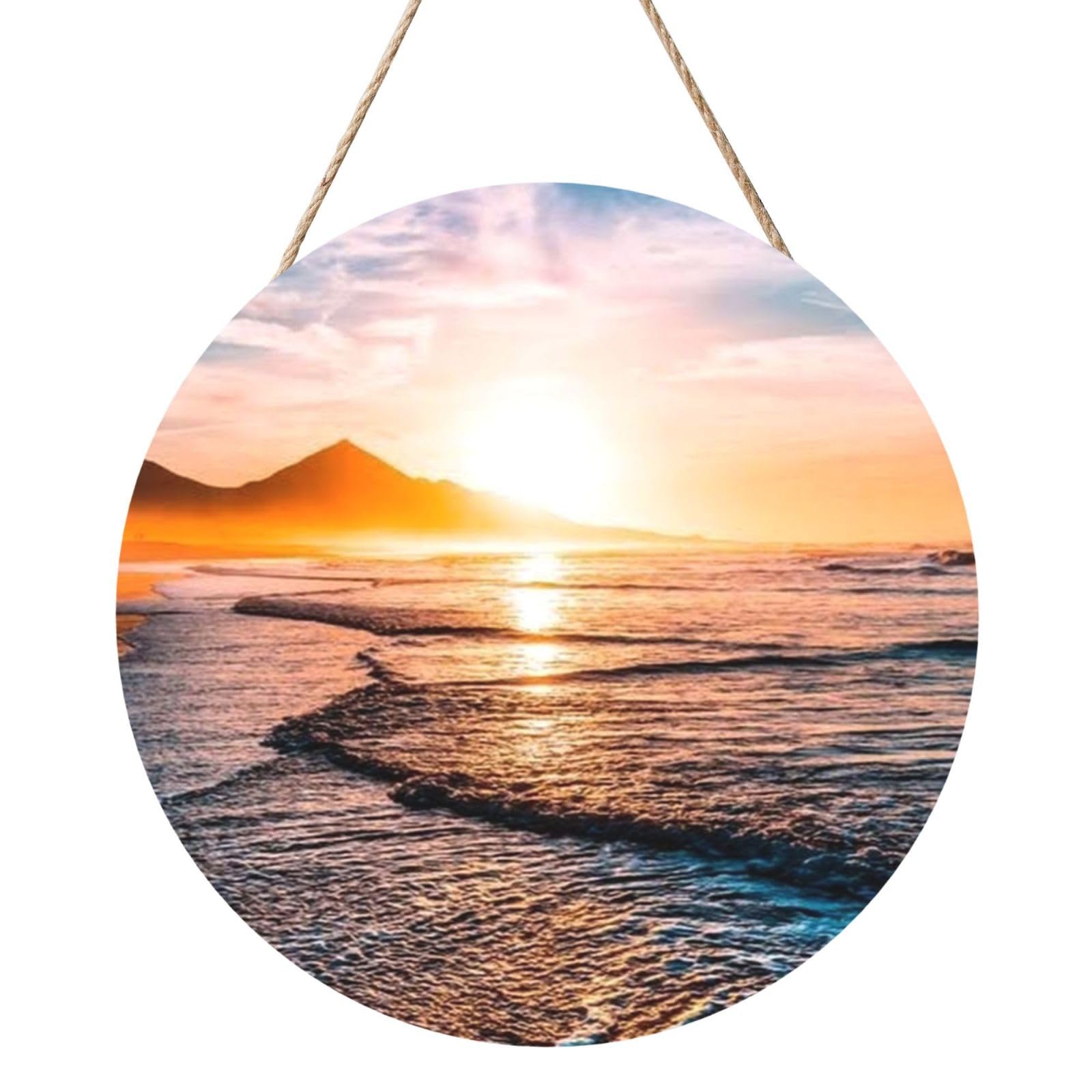 InOmak Sea Beach Sunset, Round Wood Panel Painting 12 in, Wall Hanging Painting For Home