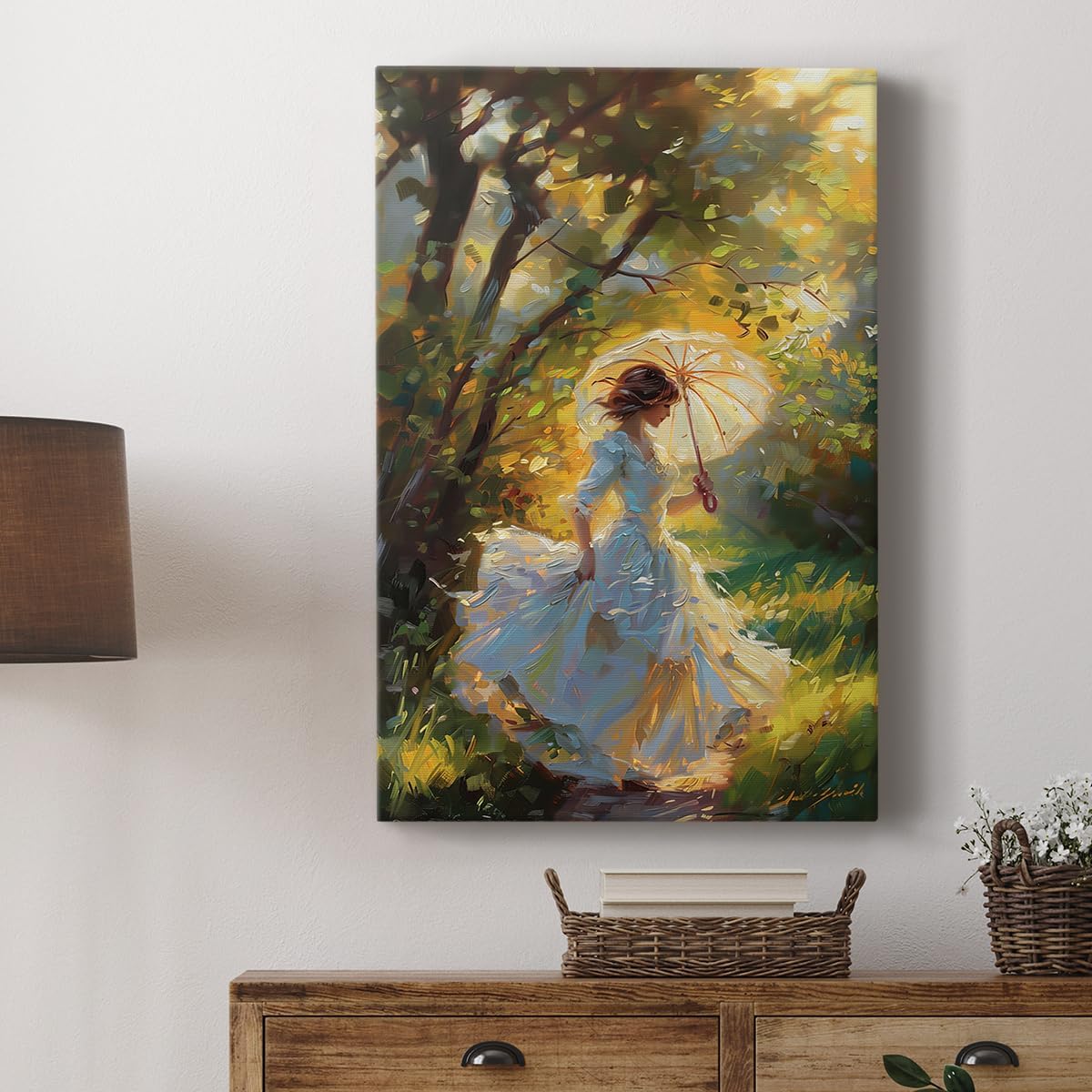 Renditions Gallery Canvas Artwork for Home Decor Elegant Woman Running in Garden Beautiful Parasol Wall Art Paintings for Bedroom Office Office - 12" X 18" LT566
