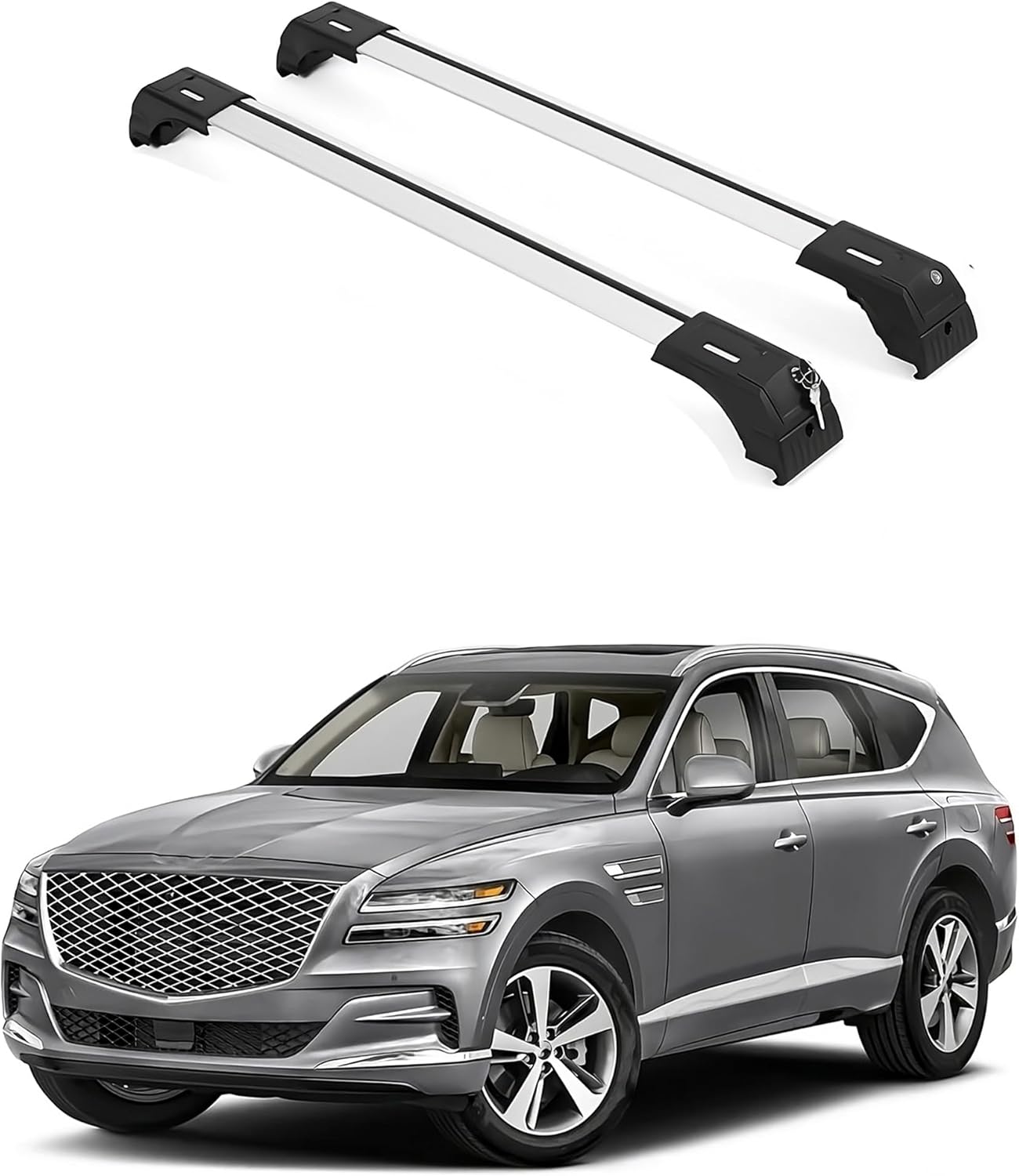 ERKUL 220lbs Roof Rack Cross Bars for Genesis GV80 2021-2026 | Anti-Theft Lock Aluminum Crossbars for Rooftop, Cargo Carrier, Luggage, Kayak, Canoe, Bike | Silver