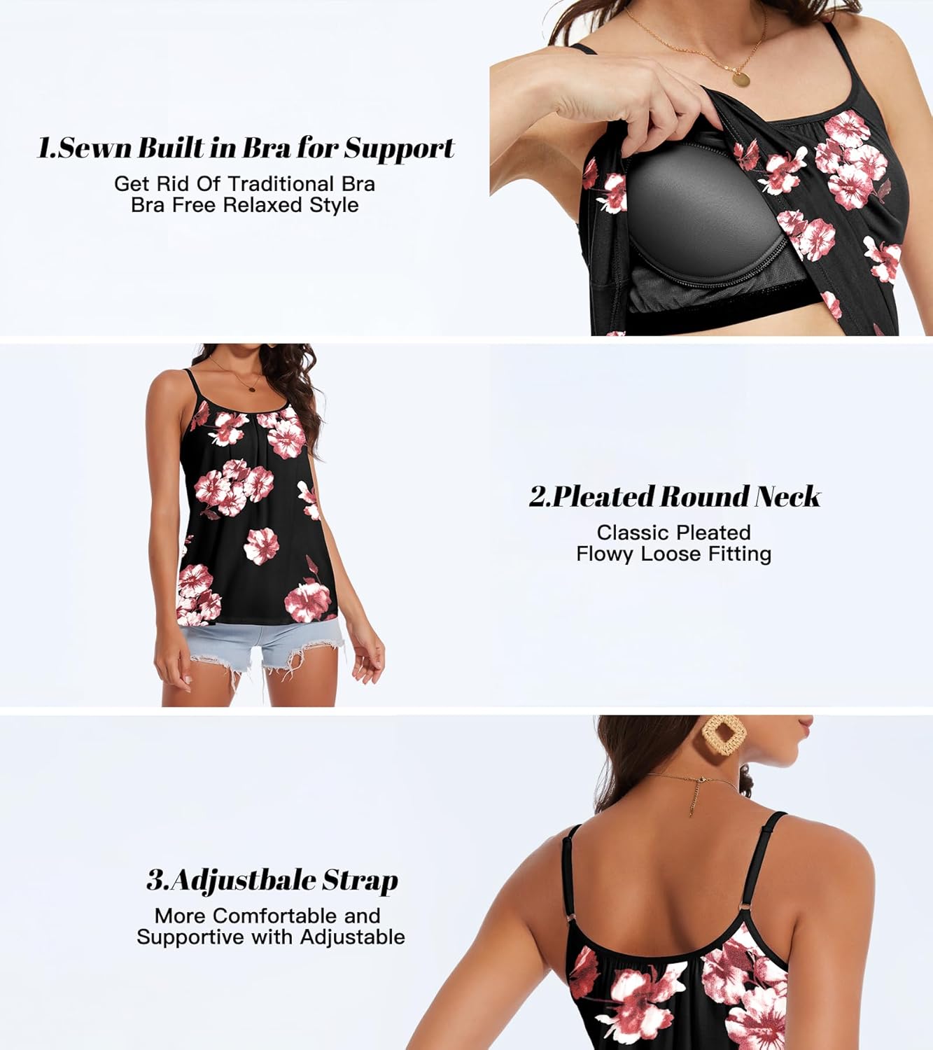 Camisoles for Women with Built in Bra Adjustable Strap Tank Tops Cami Sleeveless Summer Tops for Workout Sleeping Traveling