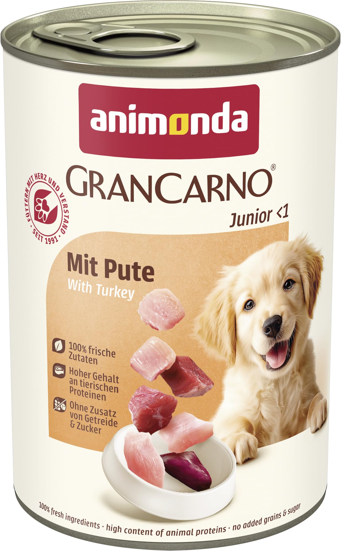 GranCarno animonda Wet Dog Food with Turkey (6 x 400 g), Puppy Food Wet without Grain for Young Dogs, with Fresh Meat Ingredients, Junior Dog Food